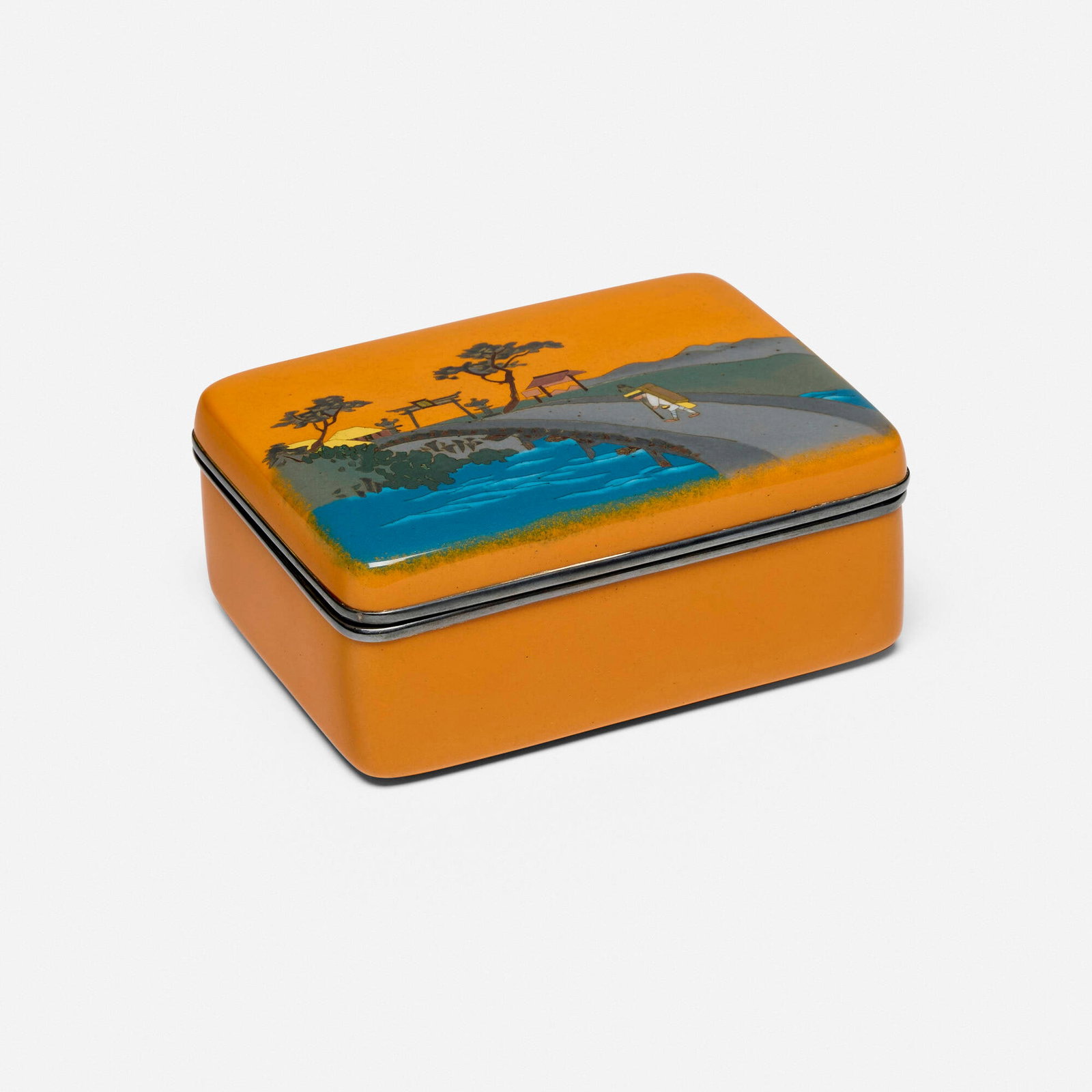 Japanese, Scenic lidded box: Japanese Scenic lidded box Meiji or Taisho period cloisonne enamel, silver, silk lining 2 h x 4.75 w x 3.5 d in (5 x 12 x 9 cm) Impressed silver mark to inner edge of box. This work will ship from