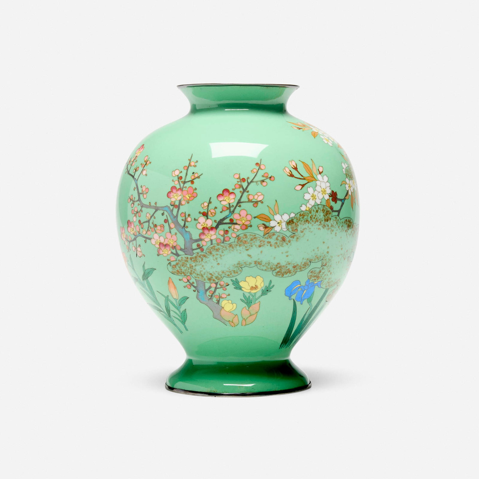 Japanese, Vase with flower garden and clouds: Japanese Vase with flower garden and clouds Meiji or Taisho period cloisonne enamel, silver, goldstone accents 7.75 h x 6.25 dia in (20 x 16 cm) Impressed artist's cipher to underside with