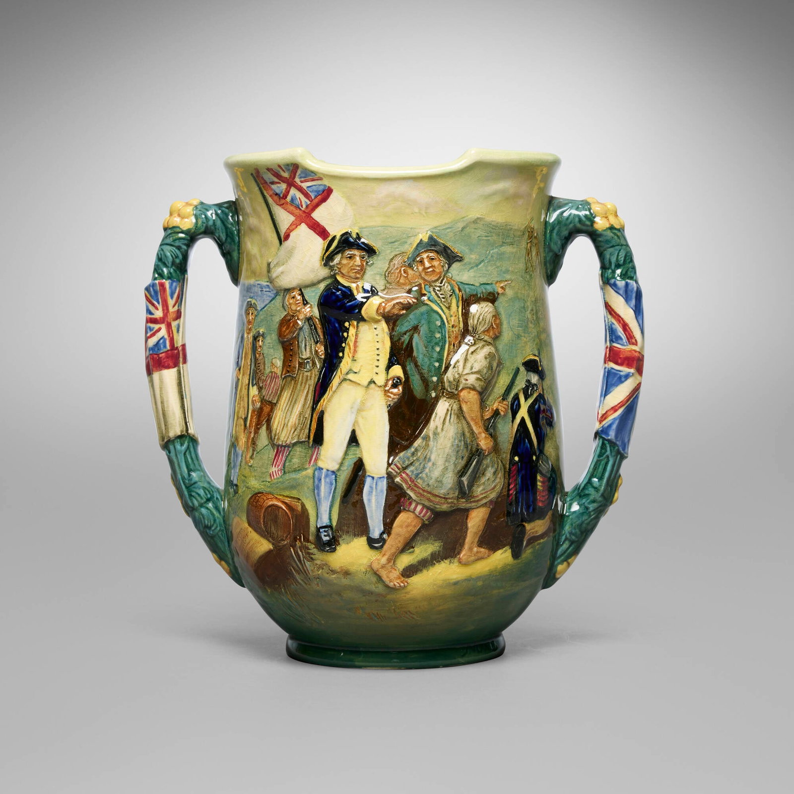 Charles Noke for Royal Doulton, Captain Hook loving cup: Charles Noke for Royal Doulton Captain Hook loving cup England, 1933 glazed and incised stoneware 9.75 h x 10 w x 6.5 d in (25 x 25 x 17 cm) Signed 'Noke'. Stamped manufacturer's