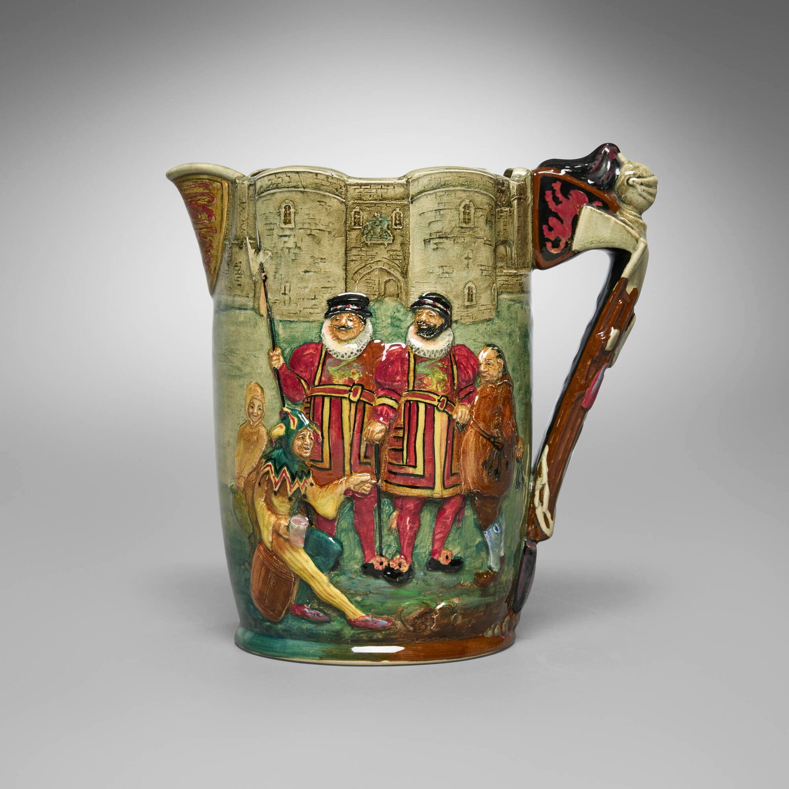 Royal Doulton, Tower of London jug: Royal Doulton Tower of London jug England, 1933 glazed and incised stoneware 10.25 h x 10 w x 6 d in (26 x 25 x 15 cm) This work was designed by Charles Noke and Harry Fenton. Signed