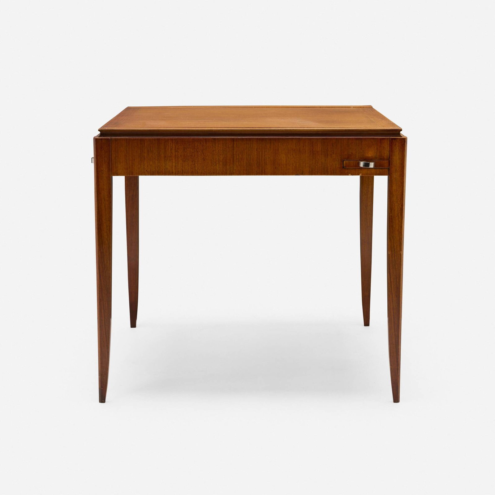 French, Games table: French Games table c. 1960 mahogany, chrome-plated metal 29 h x 32.5 w x 32.5 d in (74 x 83 x 83 cm) Table features a removable top concealing storage and four sliding ashtrays. This work will ship