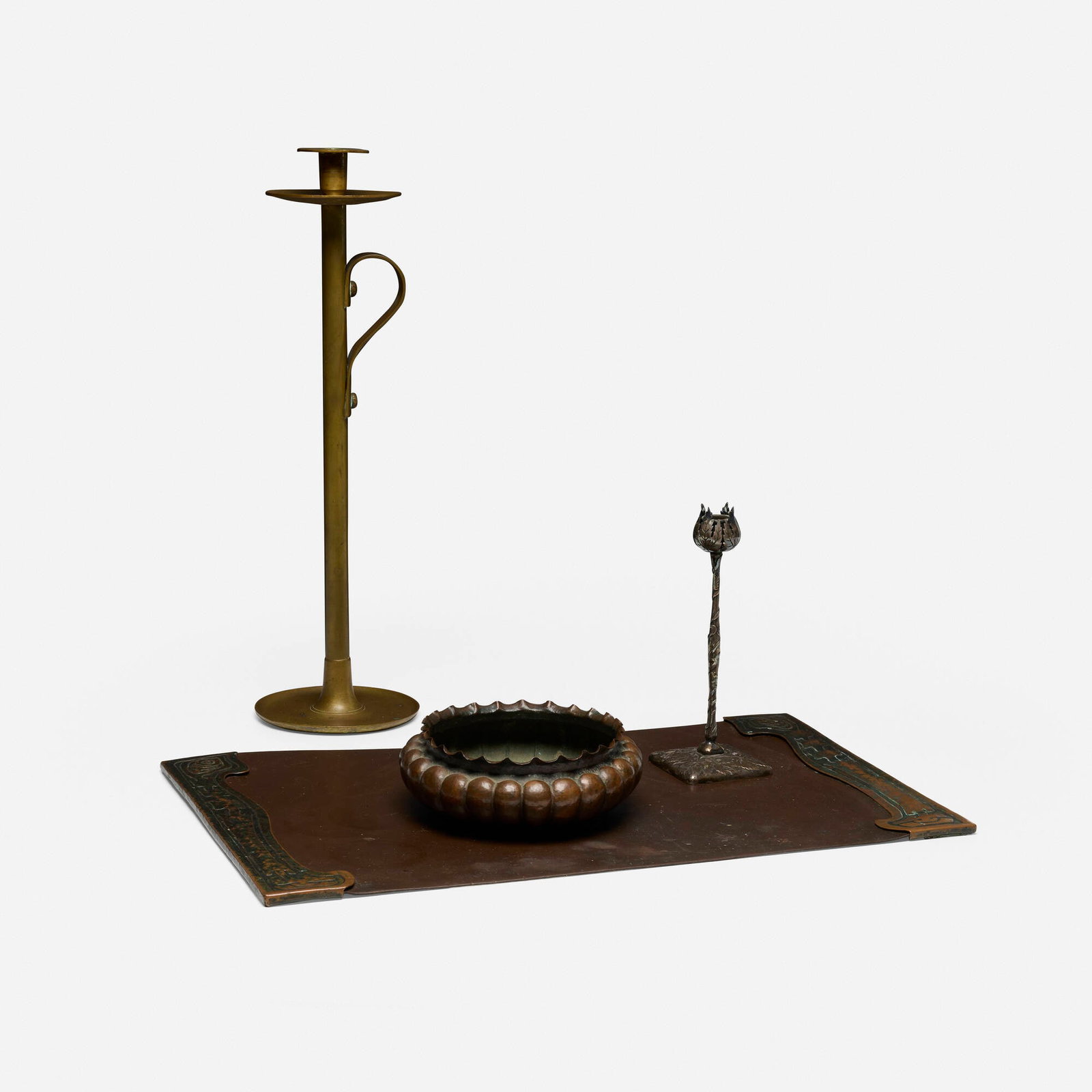Arts & Crafts, Collection of four desk articles: Arts & Crafts Collection of four desk articles first half of the 20th century brass, copper, silver-plated metal tallest: 24.5 h x 7.5 dia in (62 x 19 cm) smallest: 11 h x 4 w x 4 d in (28 x 10 x 10