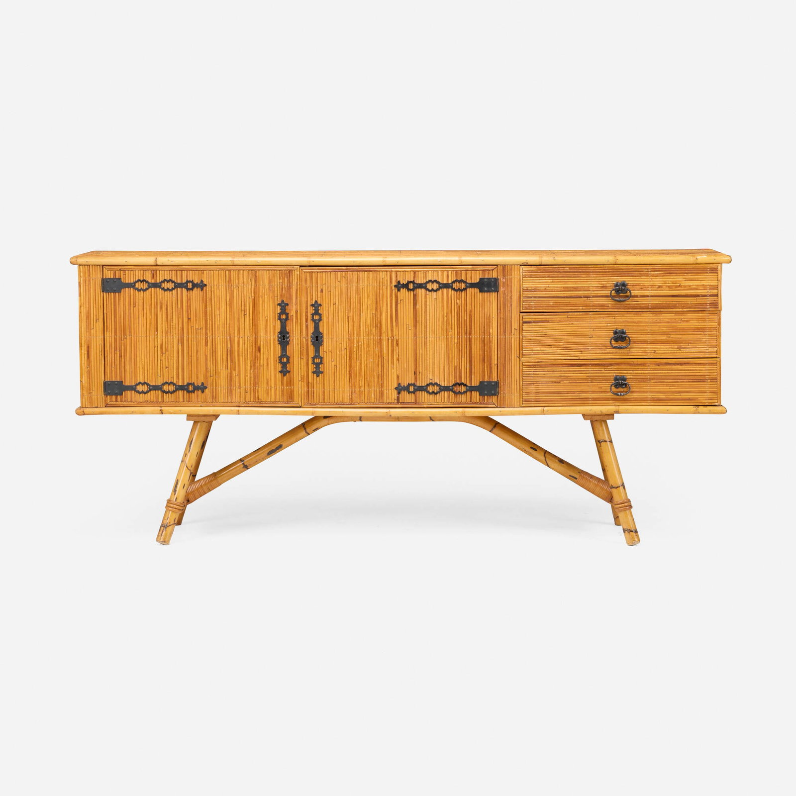 Adrian Audoux and Frida Minet, attribution, Cabinet: Adrian Audoux and Frida Minet, attribution Cabinet France, c. 1960 rattan, bamboo, iron, vinyl contact paper 35.25 h x 79.25 w x 18 d in (90 x 201 x 46 cm) Cabinet features two doors each concealing