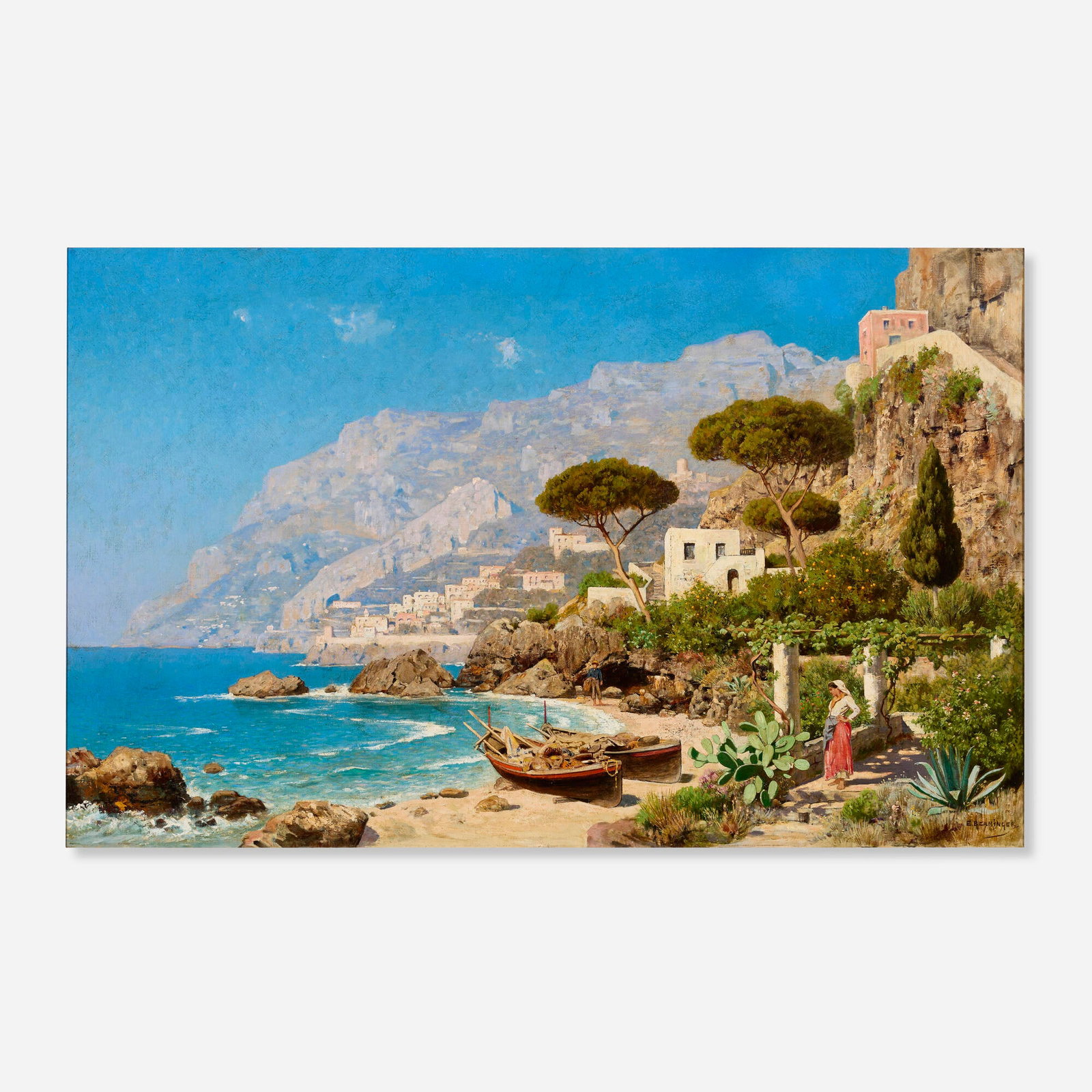 Edmund Berninger, Amalfi Coast Scene with Figures: Edmund Berninger Amalfi Coast Scene with Figures c. 1890 oil on canvas 29 h x 45.5 w in (74 x 116 cm) Signed to lower right 'E. Berninger'. This work will ship from Los Angeles, California.