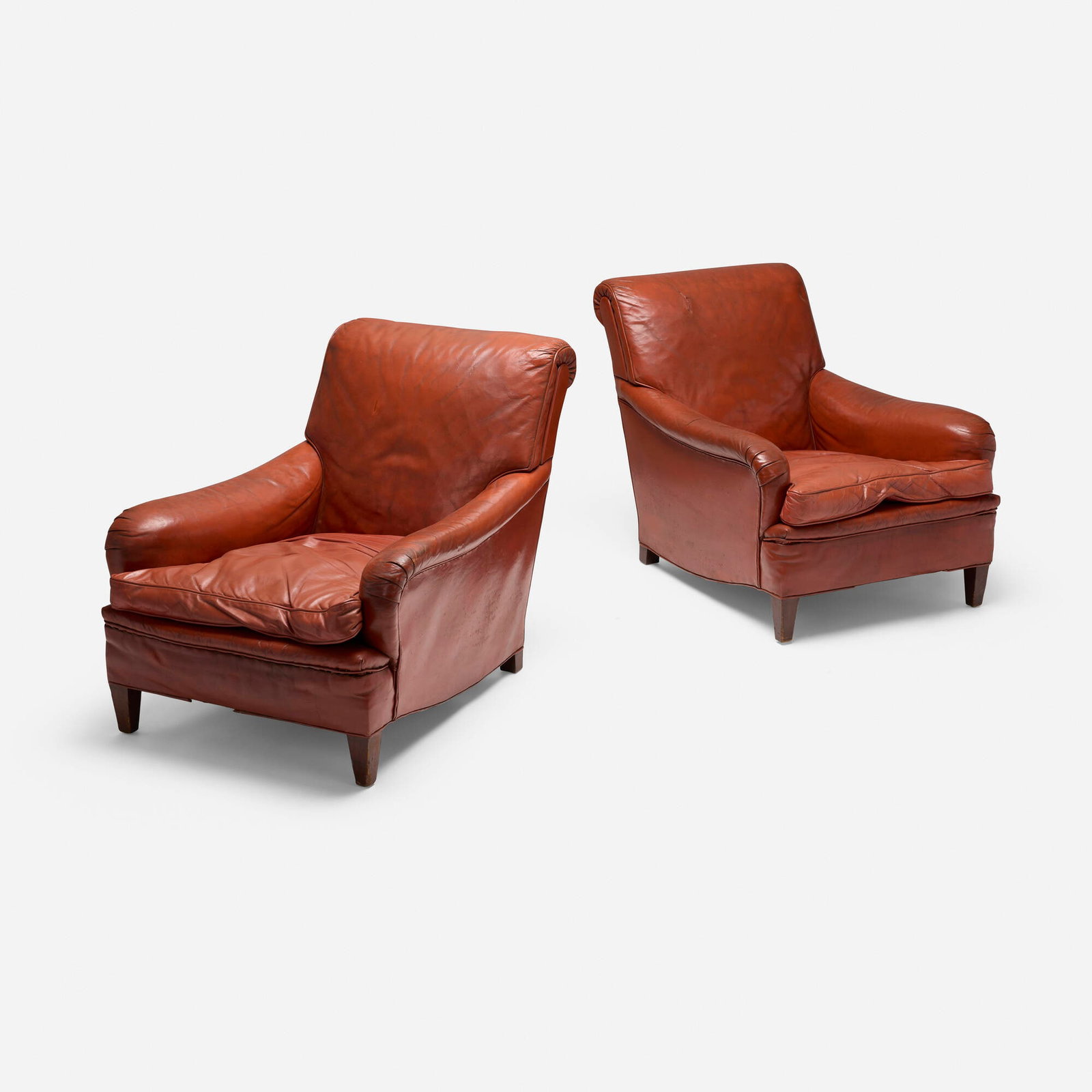 Art Deco, Club lounge chairs, pair: Art Deco Club lounge chairs, pair c. 1935 leather, walnut 31.5 h x 31 w x 41.5 d in (80 x 79 x 105 cm) This work will ship from Chicago, Illinois.