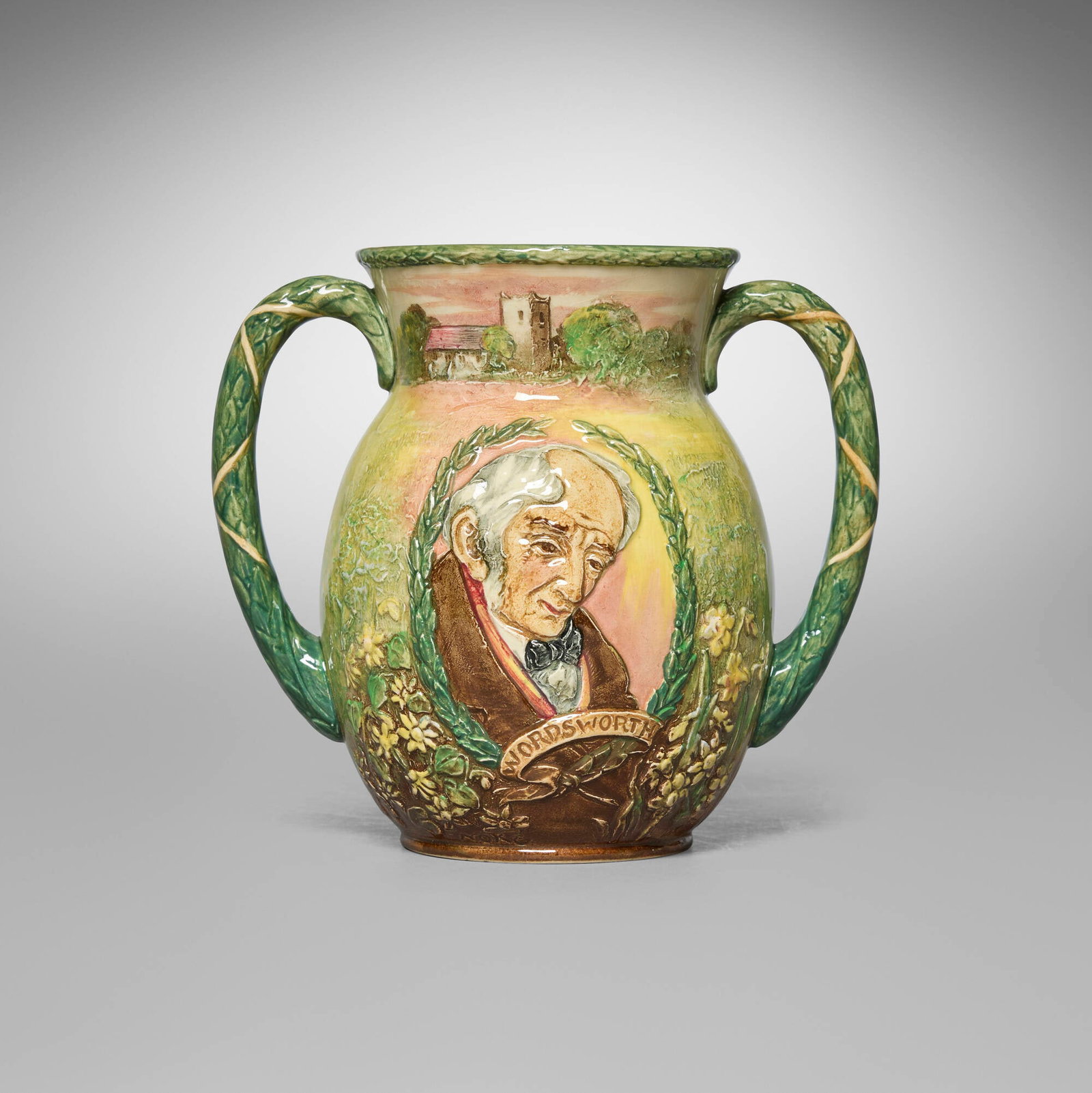 Charles Noke for Royal Doulton, William Wordsworth loving cup: Charles Noke for Royal Doulton William Wordsworth loving cup England, 1933 glazed and incised stoneware 6.5 h x 8 w x 5.5 d in (17 x 20 x 14 cm) Signed 'Noke'. Stamped manufacturer's