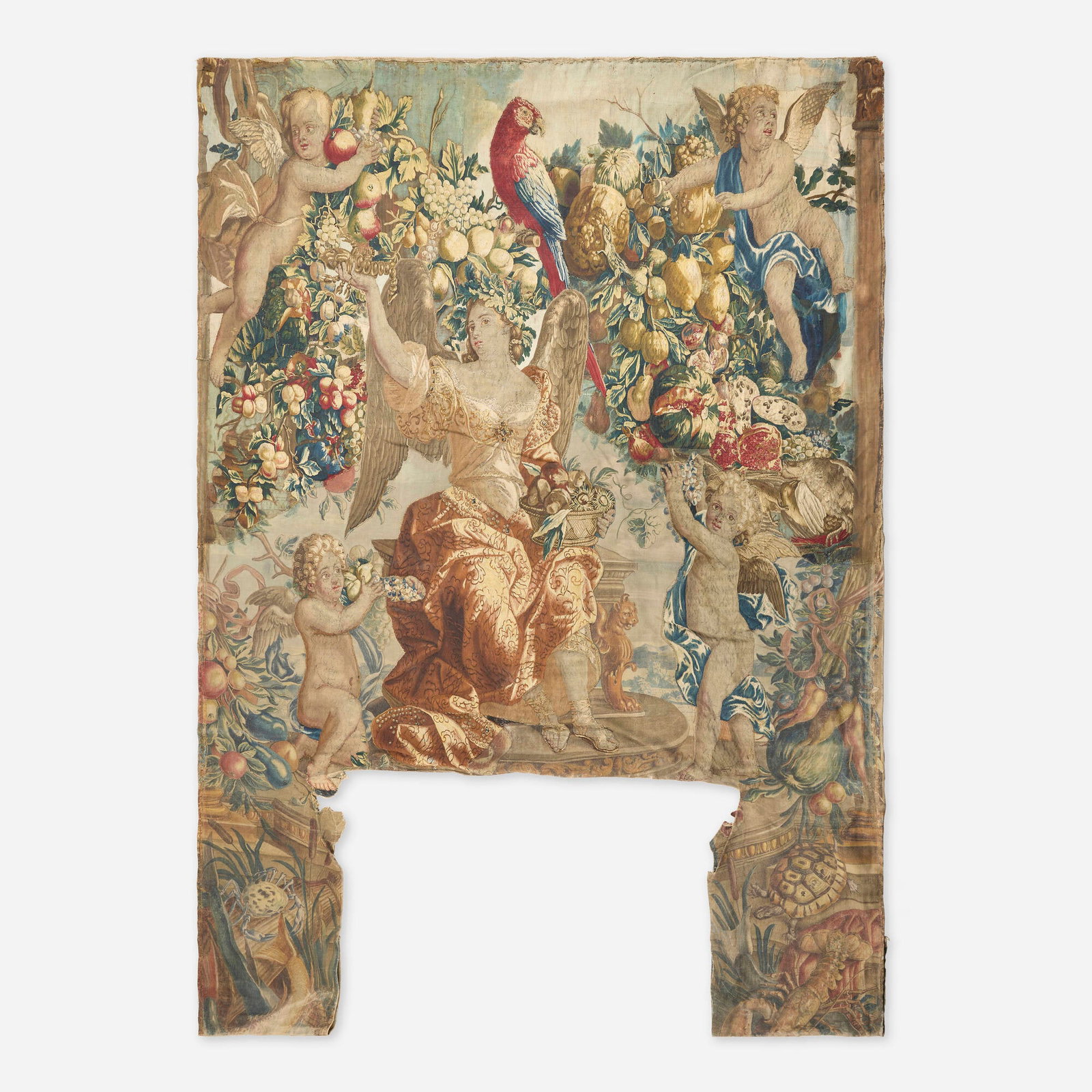 Flemish, Tapestry section with angel, putti and bountiful garden: Flemish Tapestry section with angel, putti and bountiful garden 17th-18th century hand-knotted wool and cotton 117 h x 89 w in (297 x 226 cm) Please review the condition report prior to bidding.