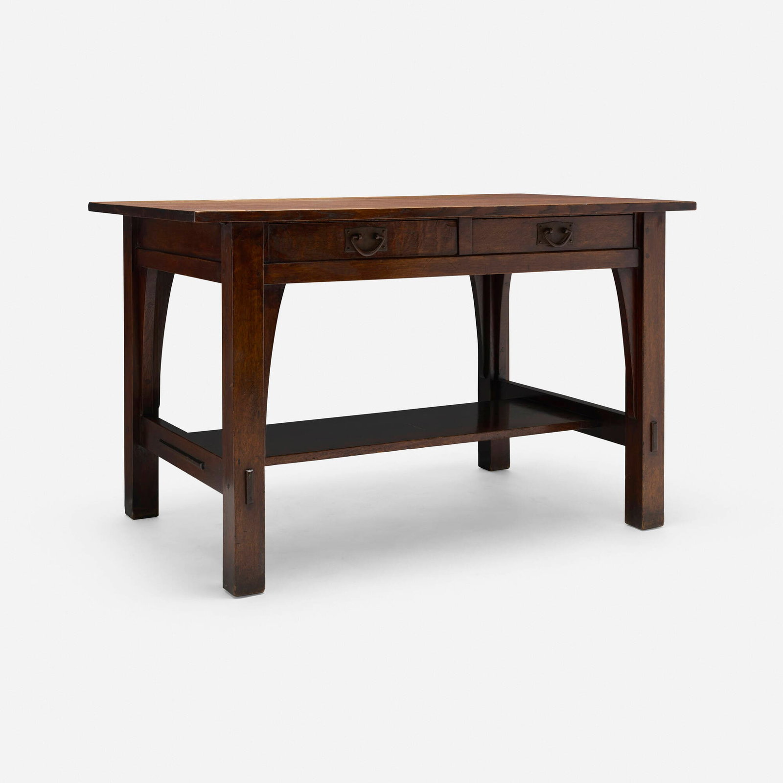 Gustav Stickley, Library table, model 615: Gustav Stickley Library table, model 615 USA, c. 1907-1911 oak, iron 30 h x 48 w x 29 d in (76 x 122 x 74 cm) Red manufacturer's decal to drawer 'Als ik kan Gustav Stickley' with