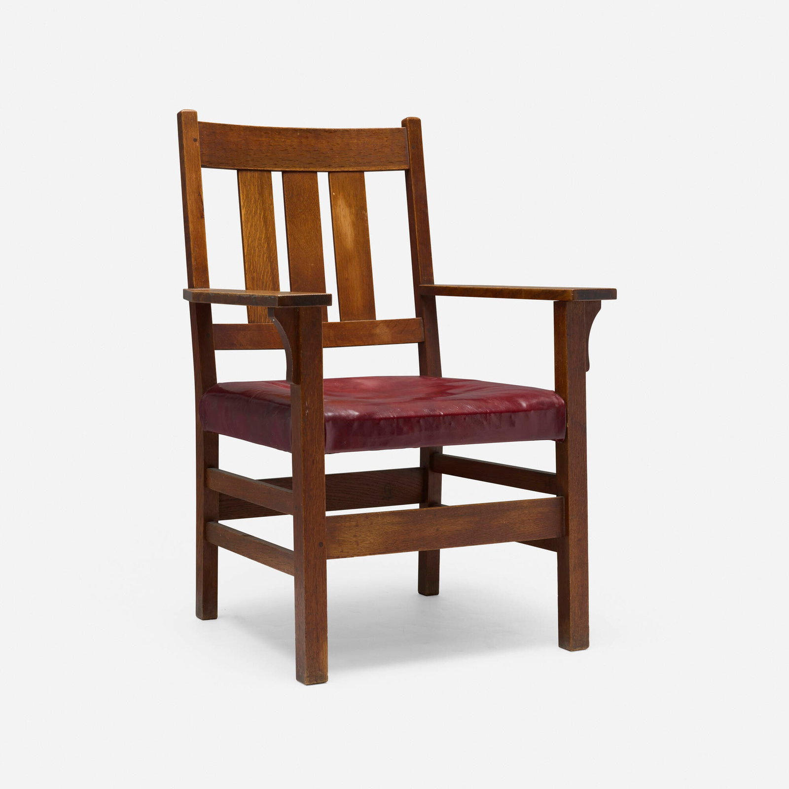 Gustav Stickley, Armchair, model 350-A: Gustav Stickley Armchair, model 350-A USA, c. 1915 oak, leatherette 38 h x 26 w x 22.5 d in (97 x 66 x 57 cm) Branded manufacturer's mark to underside 'Stickley' with original paper