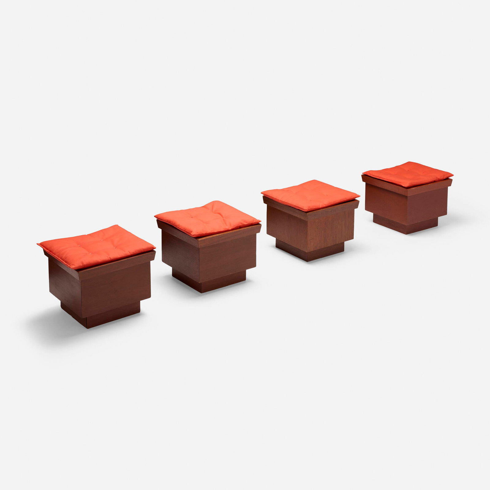 Don Erickson, Usonian stools from the Don Erickson Residence, Barrington, Illinois, set of four: Don Erickson Usonian stools from the Don Erickson Residence, Barrington, Illinois, set of four USA, c. 1961 Douglas fir, mahogany, upholstery 13 h x 16 w x 16 d in (33 x 41 x 41 cm) Born in Chicago,