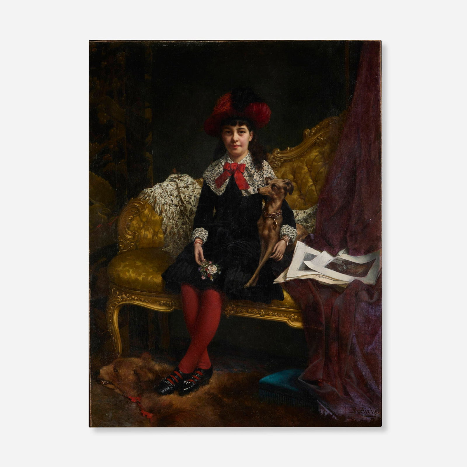 Edward Antoon Portielje, Portrait of a Young Girl with Italian Greyhound: Edward Antoon Portielje Portrait of a Young Girl with Italian Greyhound oil on canvas 39 h x 29.5 w in (99 x 75 cm) Signed to lower right 'Portielje'. Provenance: Private Collection |