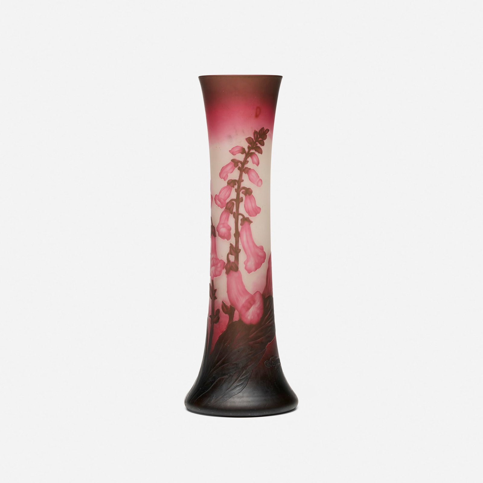 Charles Vessiere, Vase with foxgloves: Charles Vessiere Vase with foxgloves France, c. 1900 acid-etched cameo glass 13.75 h x 4.75 dia in (35 x 12 cm) Signed in cameo to body 'C. Vessiere'. Provenance: Important Private