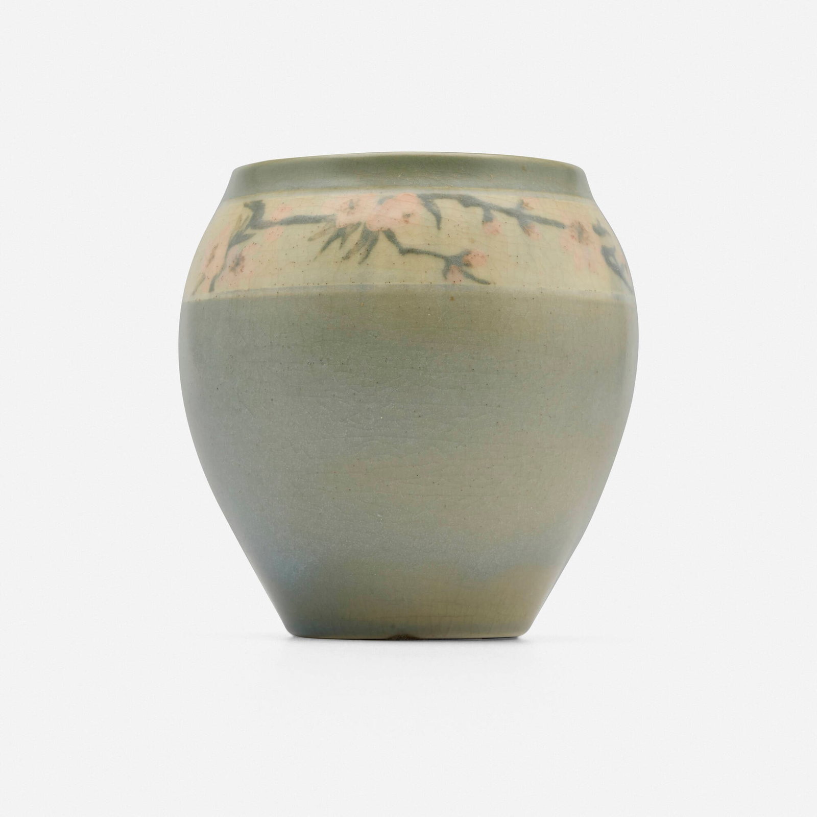 Helen Lyons for Rookwood Pottery, Banded Vellum vase with cherry branches: Helen Lyons for Rookwood Pottery Banded Vellum vase with cherry branches USA, 1914 glazed earthenware 4.875 h x 4.625 dia in (12 x 12 cm) Impressed manufacturer's mark, date, number and gl