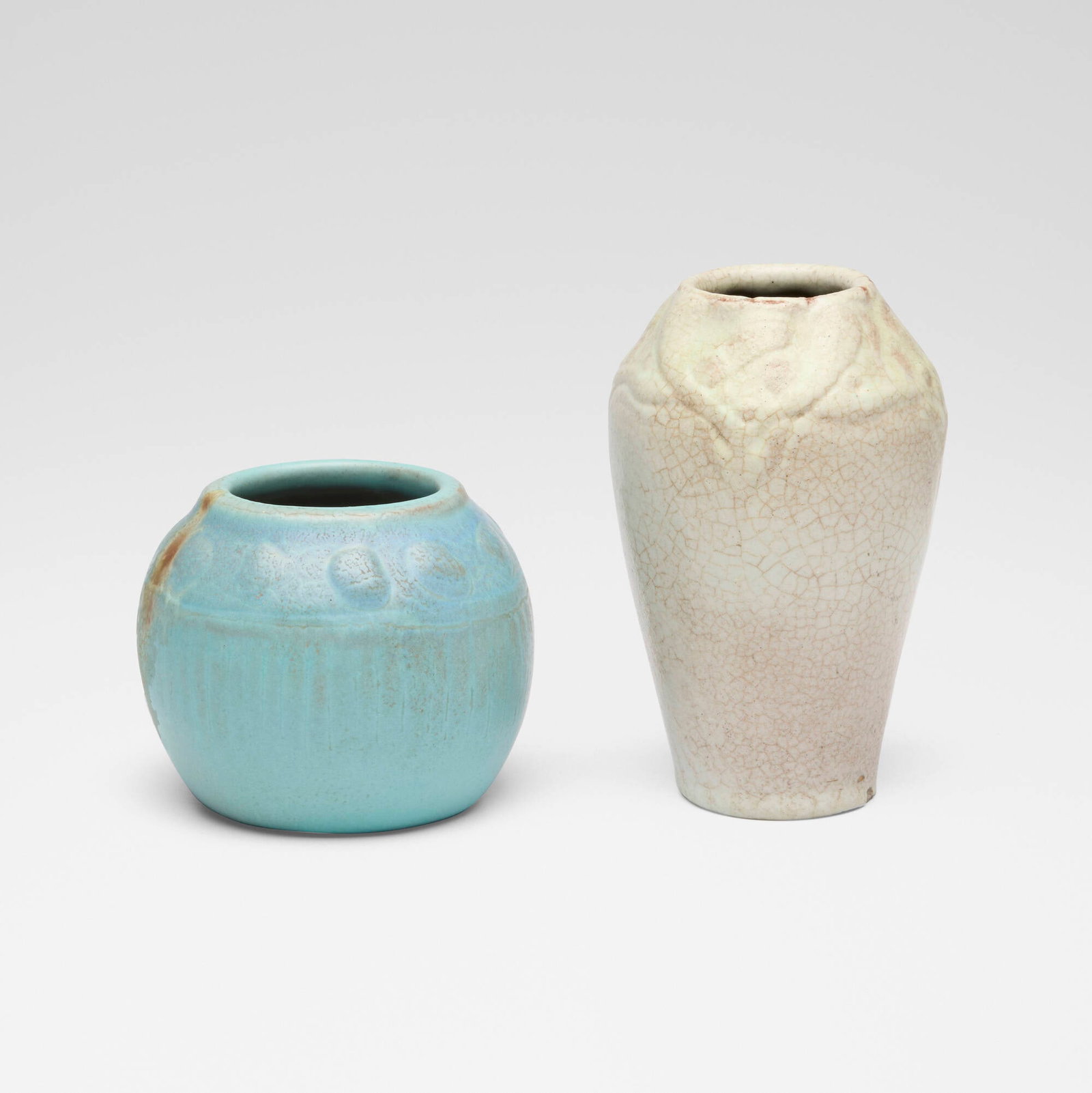 Van Briggle Pottery, Vases, set of two: Van Briggle Pottery Vases, set of two USA, 1905, 1906 glazed earthenware 5.375 h x 3.625 w x 3.375 d in (14 x 9 x 9 cm) 3.25 h x 4 dia in (8 x 10 cm) Incised manufacturer's mark, date a