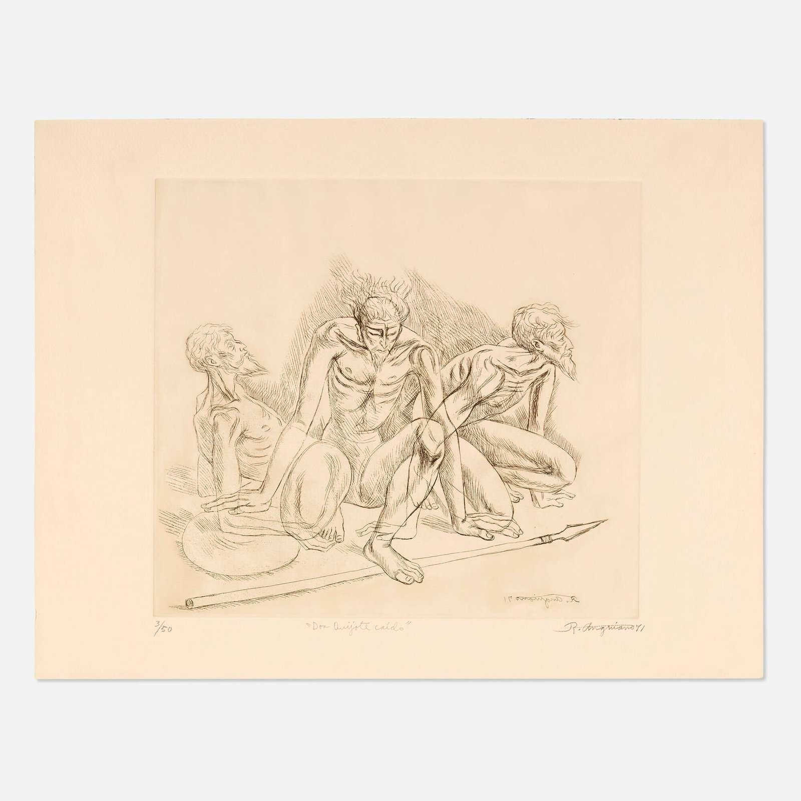 Raul Anguiano, Don Quijote caido: Raul Anguiano Don Quijote caido 1971 etching image: 15.5 h x 7.375 w in (39 x 19 cm) sheet: 20 h x 26.125 w in (51 x 66 cm) Signed, titled, dated and numbered to lower edge '3/50 Don Quijote