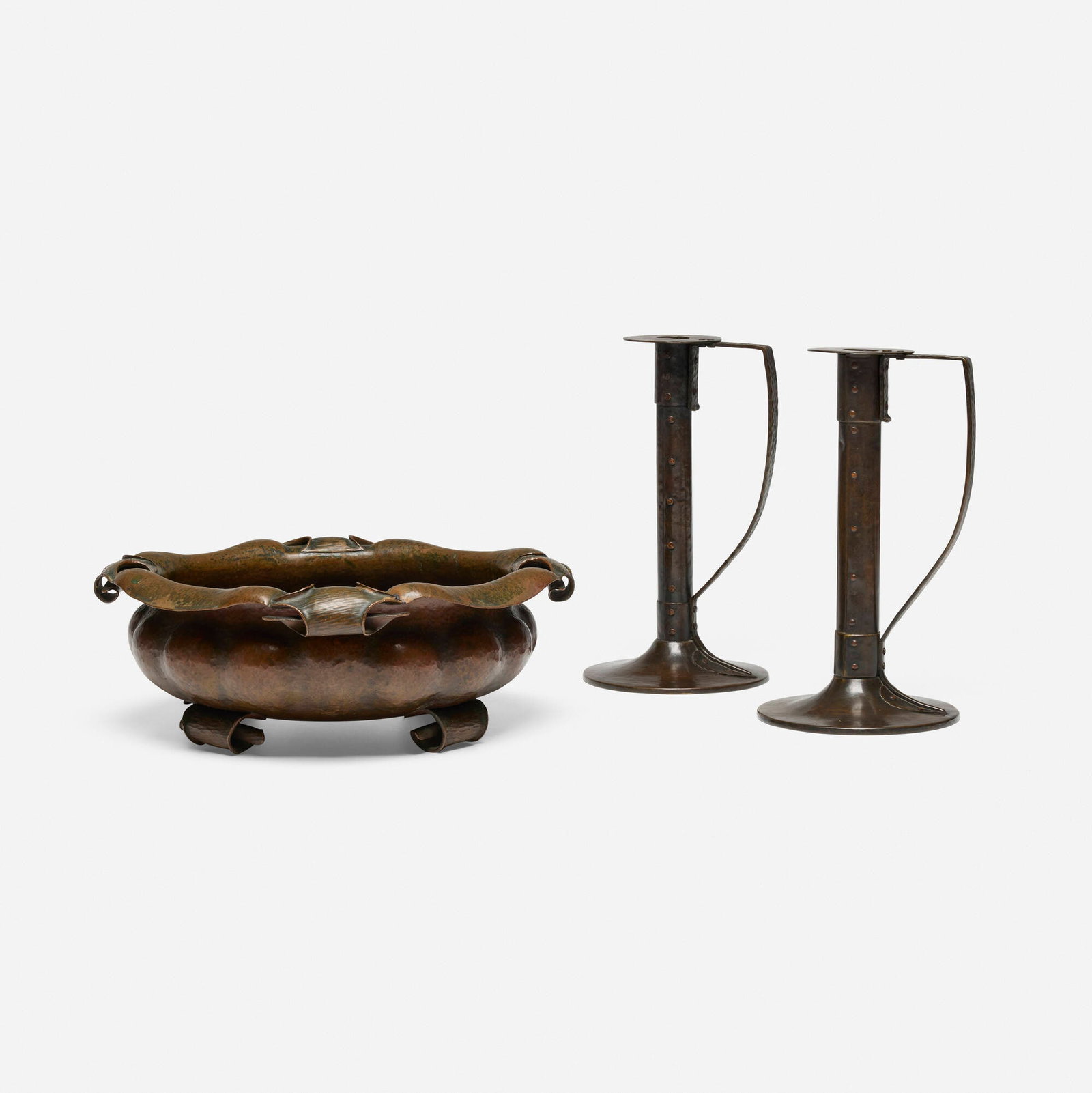 Arts & Crafts, Collection of three table articles: Arts & Crafts Collection of three table articles first half of the 20th century handwrought copper 10.5 h x 5.5 dia in (27 x 14 cm) 4.75 h x 13.5 dia in (12 x 34 cm) Collection is comprised of a