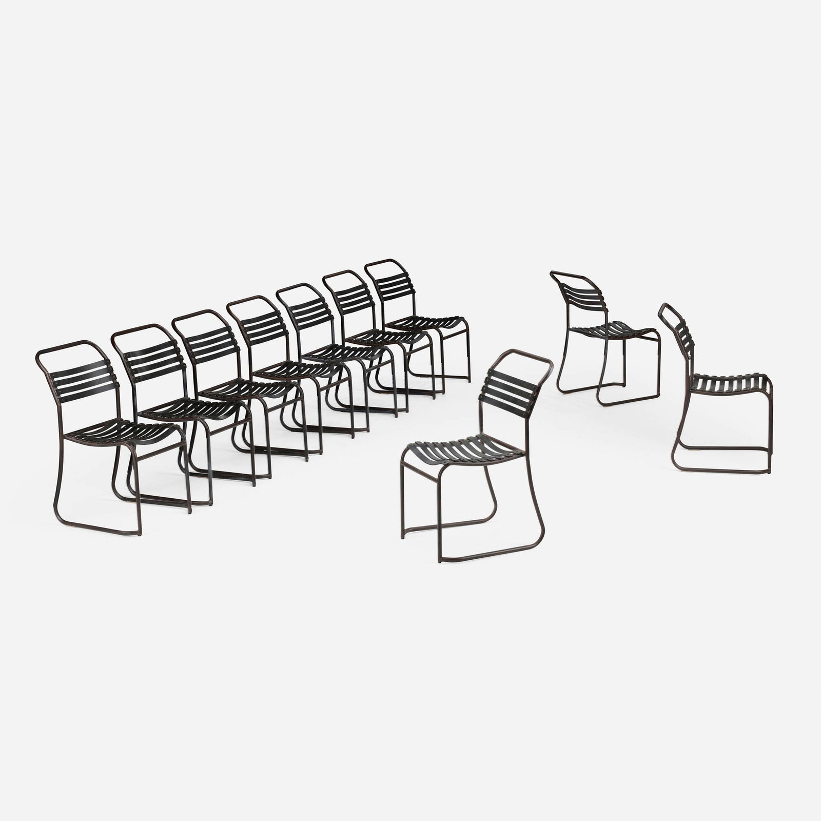 Belgian, Cafe chairs, set of ten: Belgian Cafe chairs, set of ten mid-20th century leather, painted steel 33 h x 18 w x 24 d in (84 x 46 x 61 cm) This work will ship from Lambertville, New Jersey.