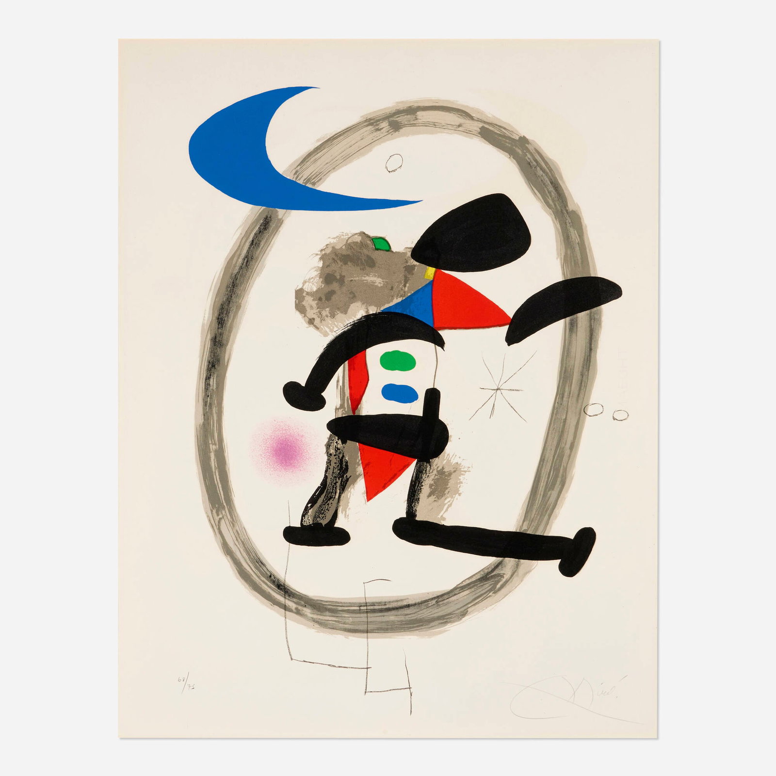 Joan Miro, Arlequin circonscrit: Joan Miro Arlequin circonscrit 1973 lithograph in colors on Arches 29.875 h x 22.125 w in (76 x 56 cm) Signed and numbered to lower edge '68/75 Miro'. This work is number 68 from the