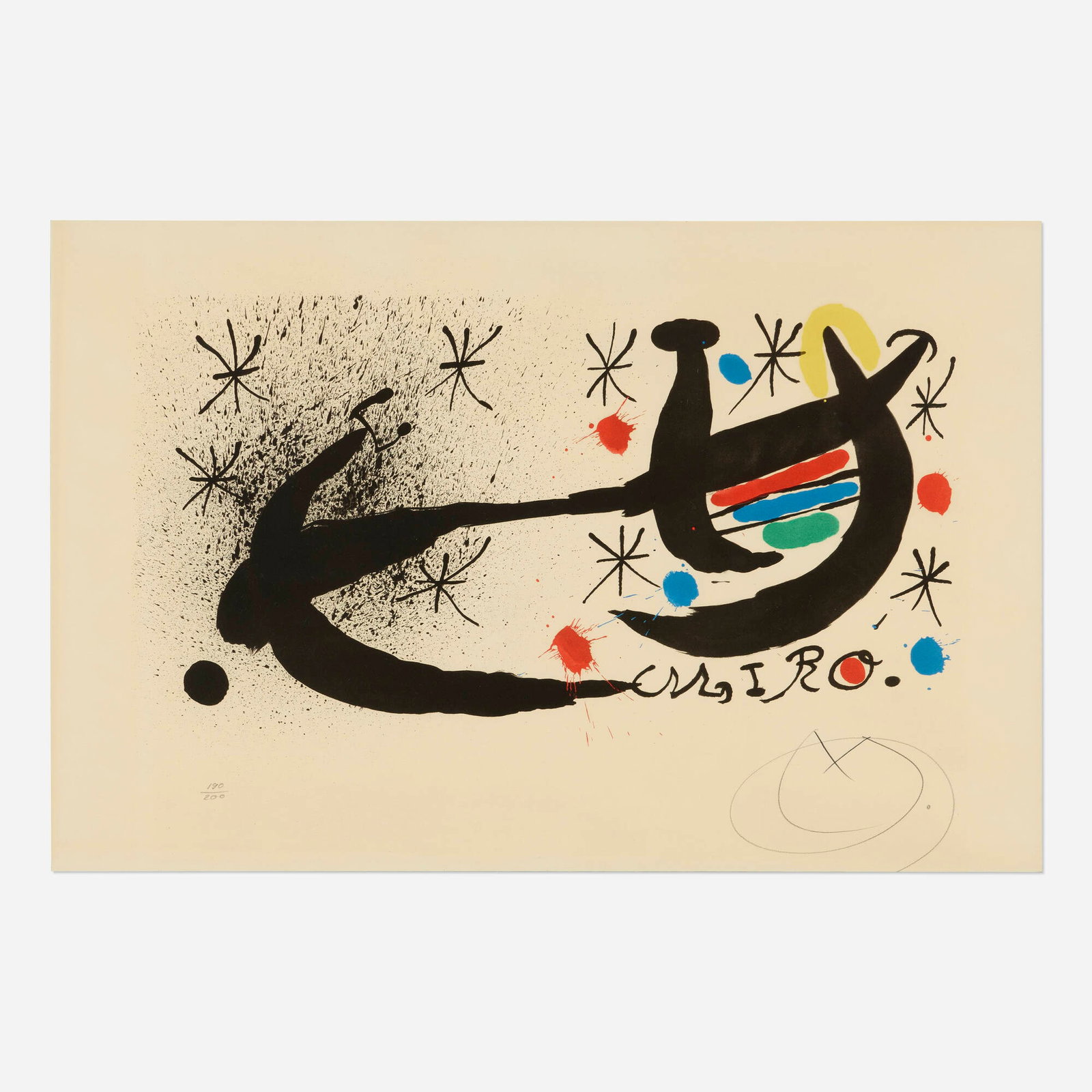 Joan Miro, Variant of Joan Miro und Katalonien: Joan Miro Variant of Joan Miro und Katalonien 1969 lithograph in colors sight: 15.5 h x 23.5 w in (39 x 60 cm) Signed and numbered to lower edge '190/200 M.'. This work is number 190