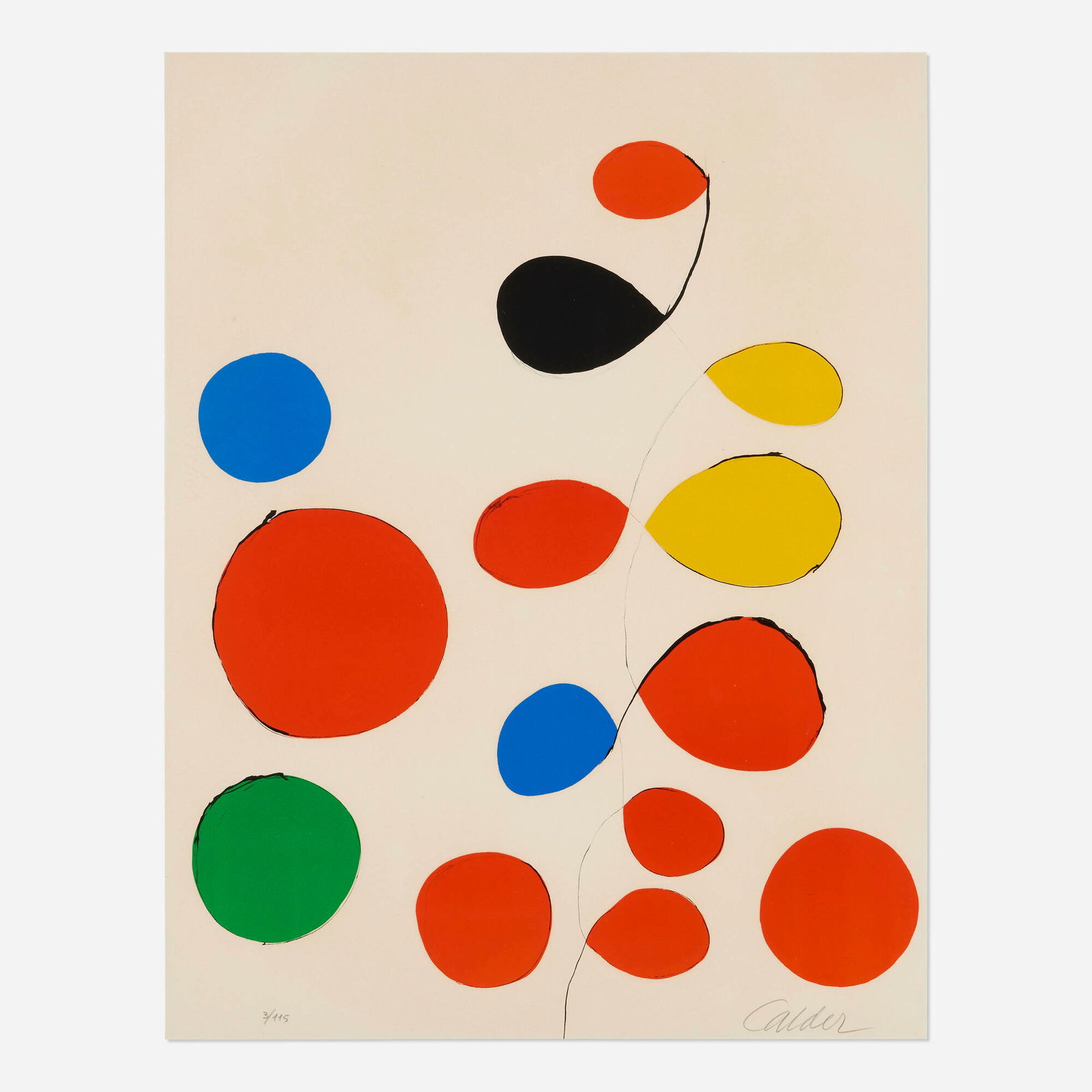 Alexander Calder, Untitled (Spanish Refugee Aid C): Alexander Calder Untitled (Spanish Refugee Aid C) c. 1971 lithograph in colors on Arches sight: 27.625 h x 21.5 w in (70 x 55 cm) Signed and numbered to lower edge '3/115 Calder'. Th