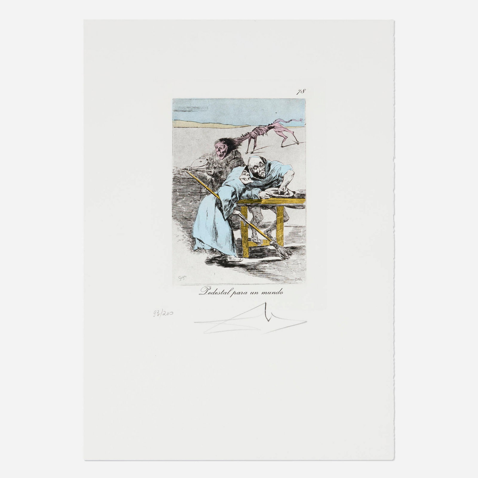Salvador Dali, Pedestal para un mundo (from the Les Caprices de Goya de Dali portfolio): Salvador Dali Pedestal para un mundo (from the Les Caprices de Goya de Dali portfolio) 1977 drypoint, etching and heliogravure in colors with stencil on BFK Rives image: 7.25 h x 5.25 w in (18 x 13 cm