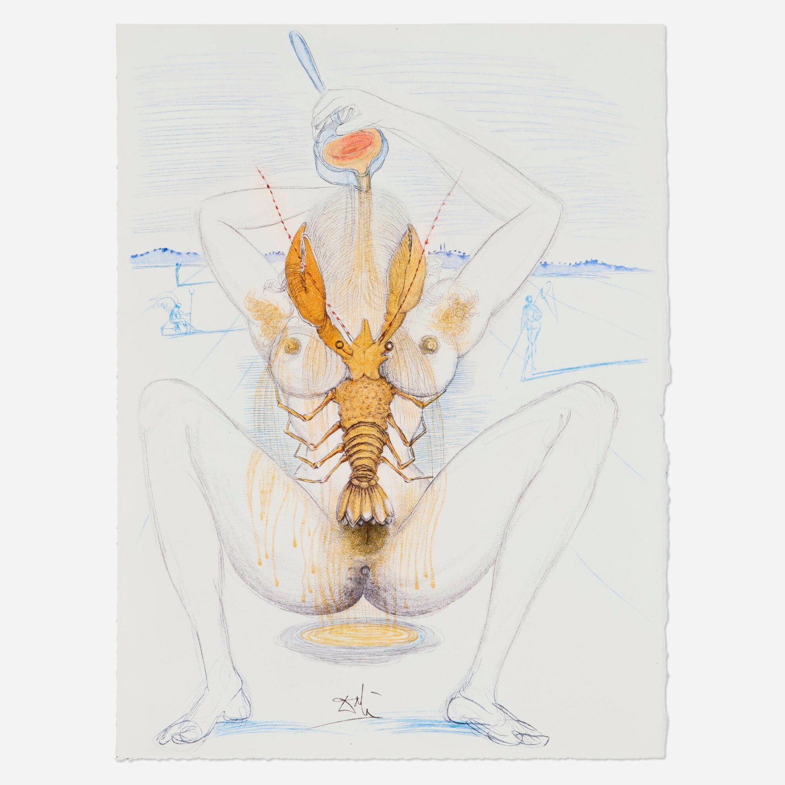 Salvador Dali, Nude and Lobster (from the Dali Illustre Casanova portfolio): Salvador Dali Nude and Lobster (from the Dali Illustre Casanova portfolio) 1967 etching with aquatint in colors on BFK Rives image: 14.5 h x 10.75 w in (37 x 27 cm) sheet: 14.875 h x 11.125 w in (3