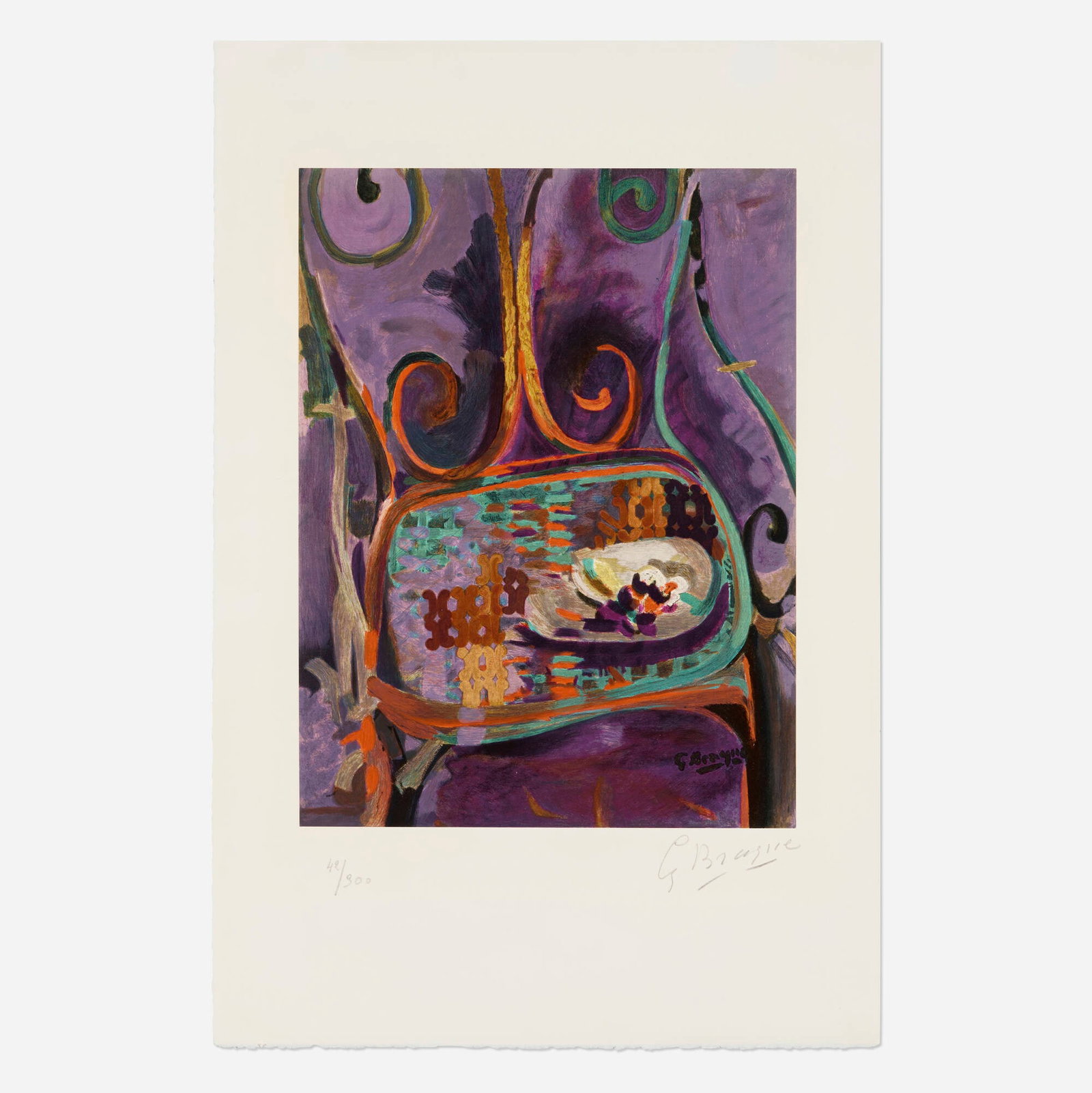 After Georges Braque, La chaise: After Georges Braque La chaise 1962 lithograph in colors mounted to Arches image: 14.625 h x 11 w in (37 x 28 cm) backing: 22.5 h x 14.875 w in (57 x 38 cm) Signed and numbered to lower edge