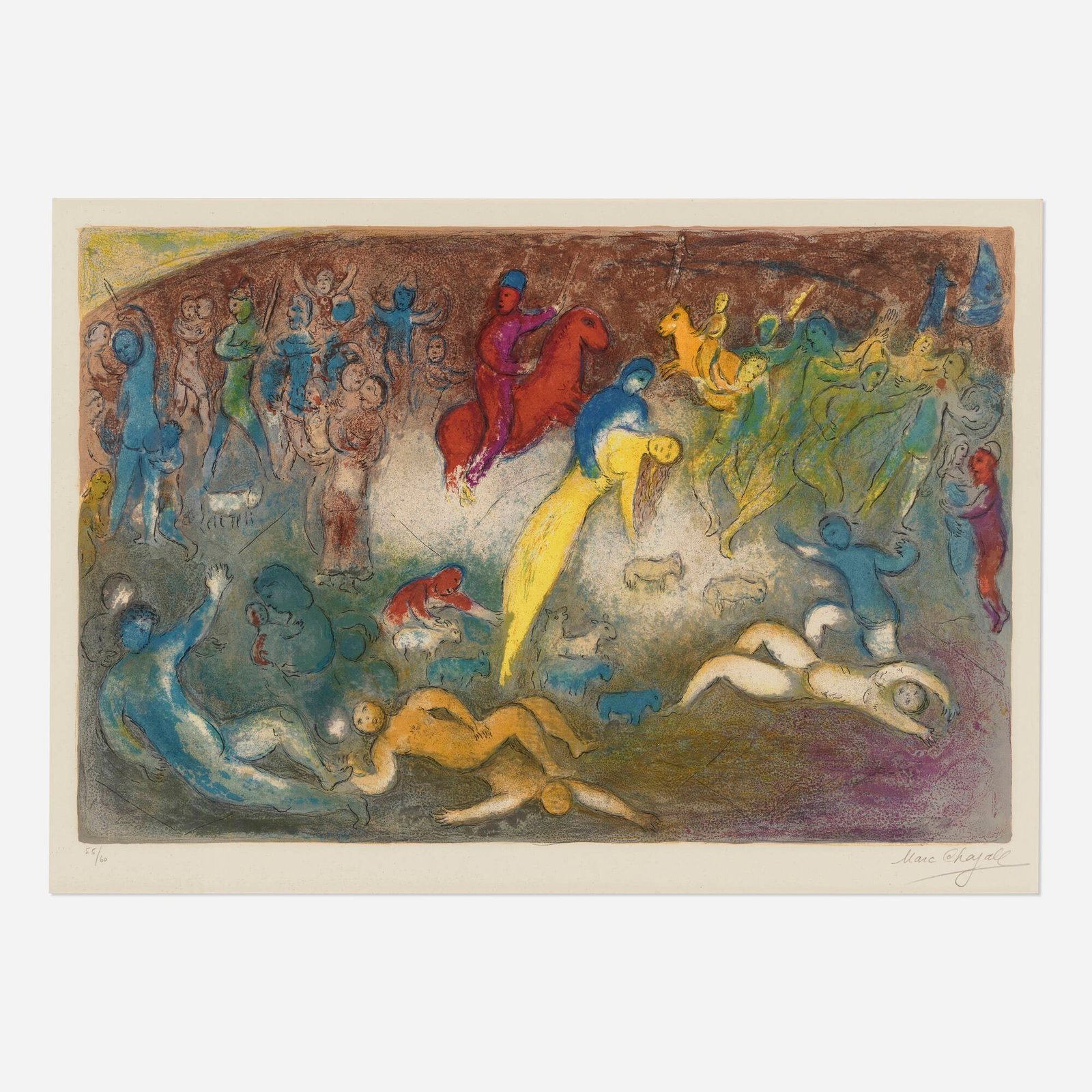 Marc Chagall, Enlevement de Chloe (from the Daphnis et Chloe portfolio): Marc Chagall Enlevement de Chloe (from the Daphnis et Chloe portfolio) 1961 lithograph in colors on Arches image: 16.625 h x 25.25 w in (42 x 64 cm) sheet: 21.25 h x 29.875 w in (54 x 76 cm)