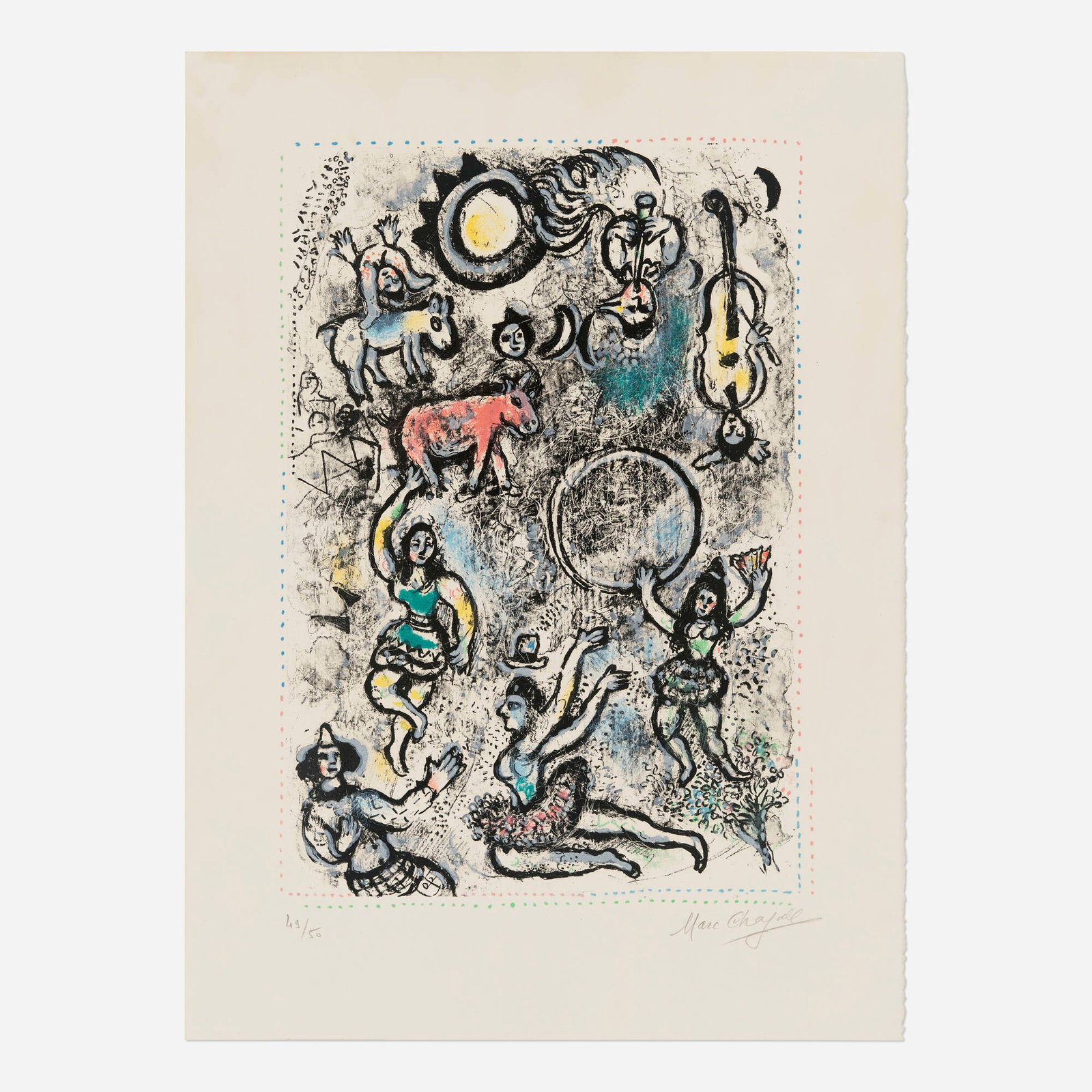 Marc Chagall, Les Saltimbanques: Marc Chagall Les Saltimbanques 1969 lithograph in colors on Arches image: 22.625 h x 15.75 w in (57 x 40 cm) sheet: 29.125 h x 21.125 w in (74 x 54 cm) Signed and numbered to lower edge 