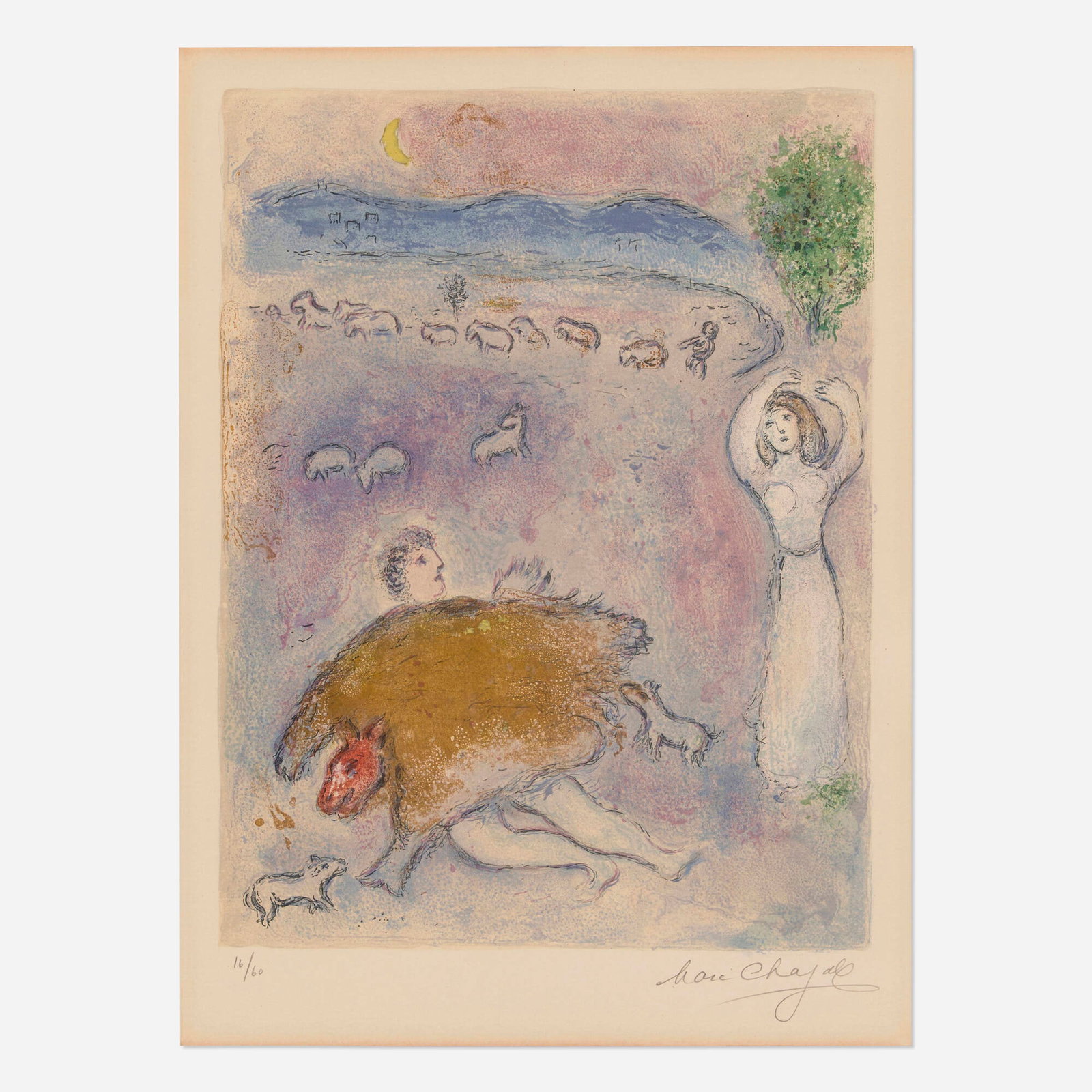 Marc Chagall, La ruse de Dorcon (from the Daphnis et Chloe portfolio): Marc Chagall La ruse de Dorcon (from the Daphnis et Chloe portfolio) 1961 lithograph in colors on Arches image: 16.75 h x 12.625 w in (43 x 32 cm) sight: 19.375 h x 14.125 w in (49 x 36 cm)