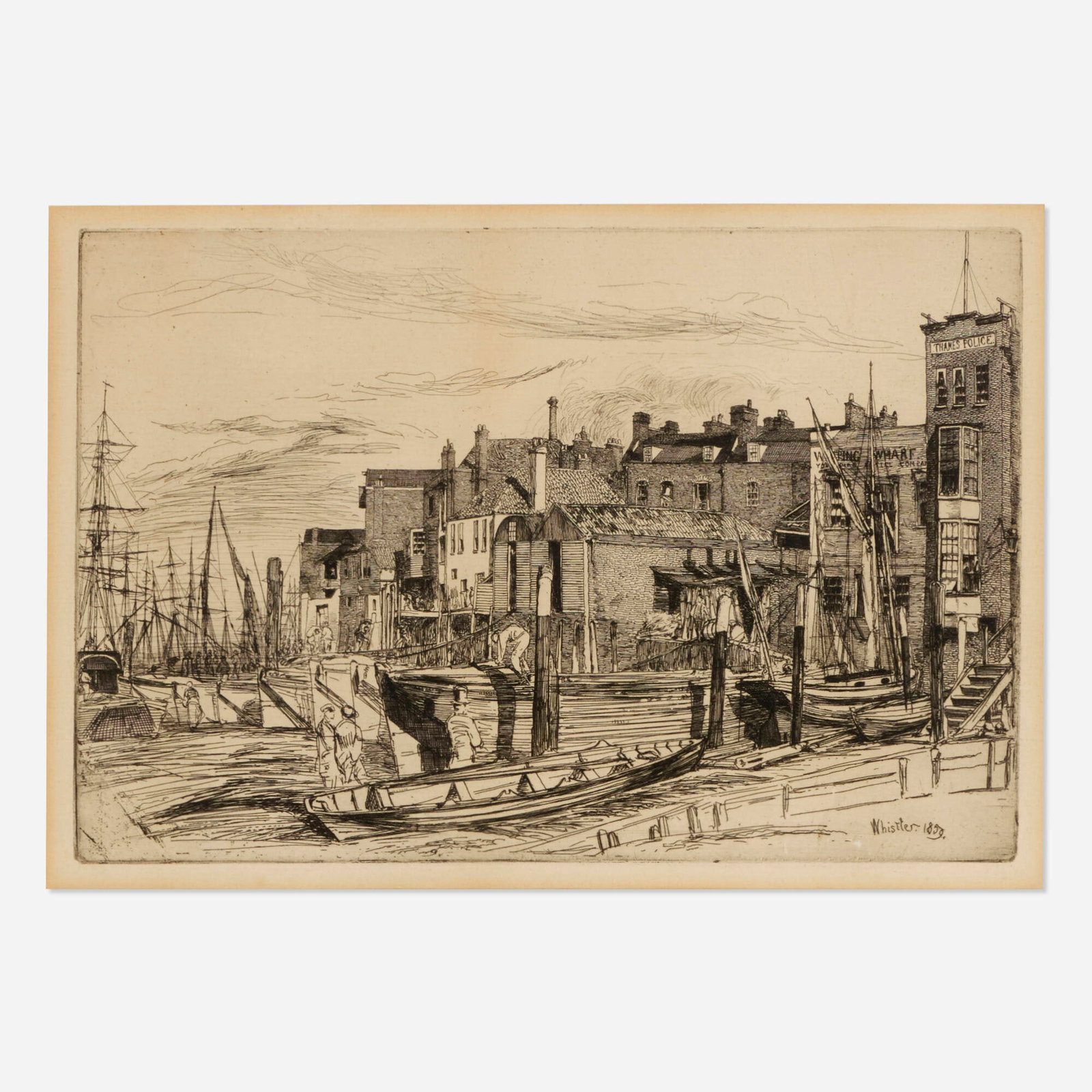James Abbott McNeill Whistler, Thames Police (Wapping Wharf) (from The Thames Set): James Abbott McNeill Whistler Thames Police (Wapping Wharf) (from The Thames Set) 1859 etching on laid paper image: 6 h x 8.875 w in (15 x 23 cm) sight: 6.375 h x 9.375 w in (16 x 24 cm) Thi