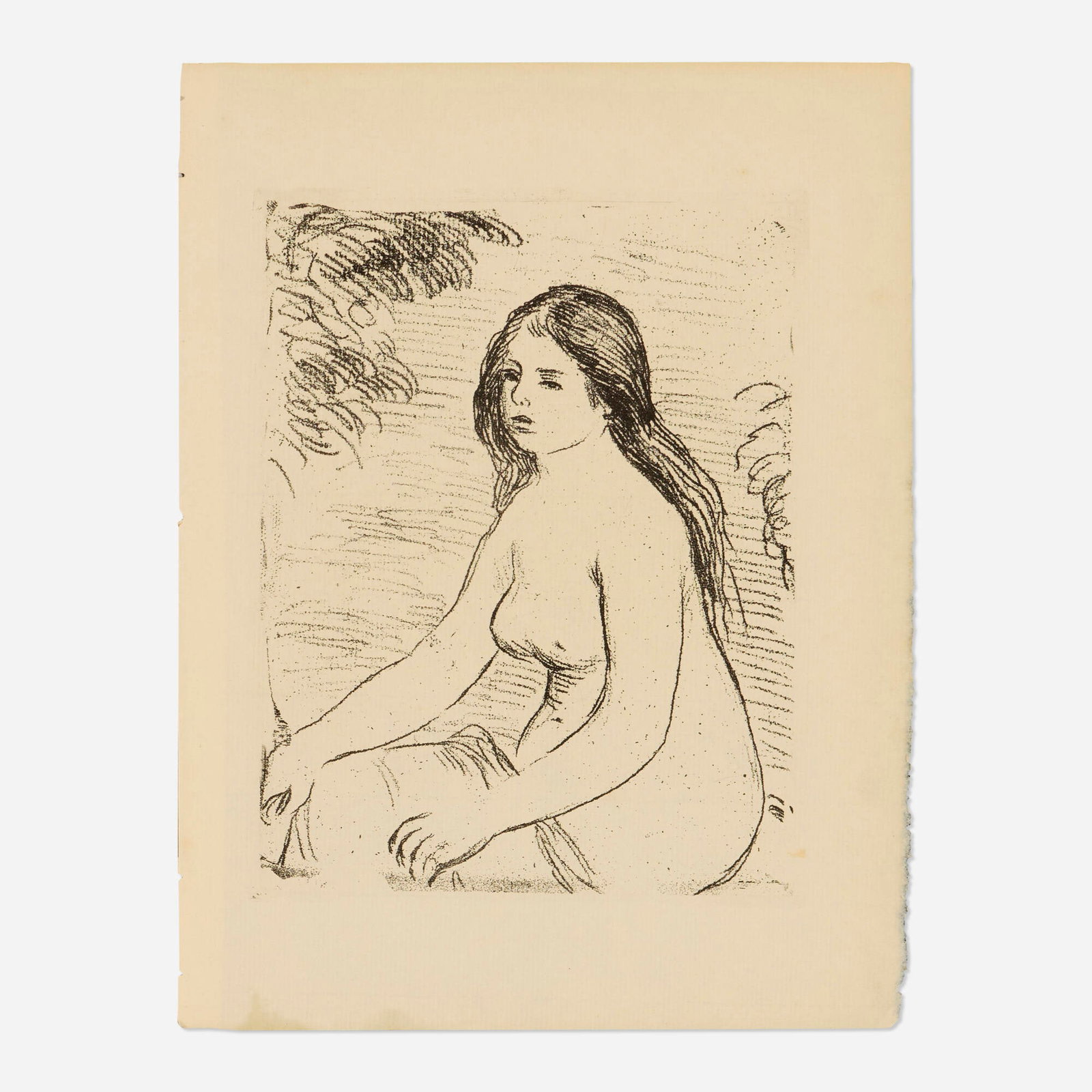 Pierre-Auguste Renoir, Femme nue assise (from Histoire des peintres impressionnistes): Pierre-Auguste Renoir Femme nue assise (from Theodore Duret's Histoire des peintres impressionnistes) c. 1906 soft-ground etching image: 7.25 h x 5.5 w in (18 x 14 cm) sheet: 10 h x 7.5 w in (25 x