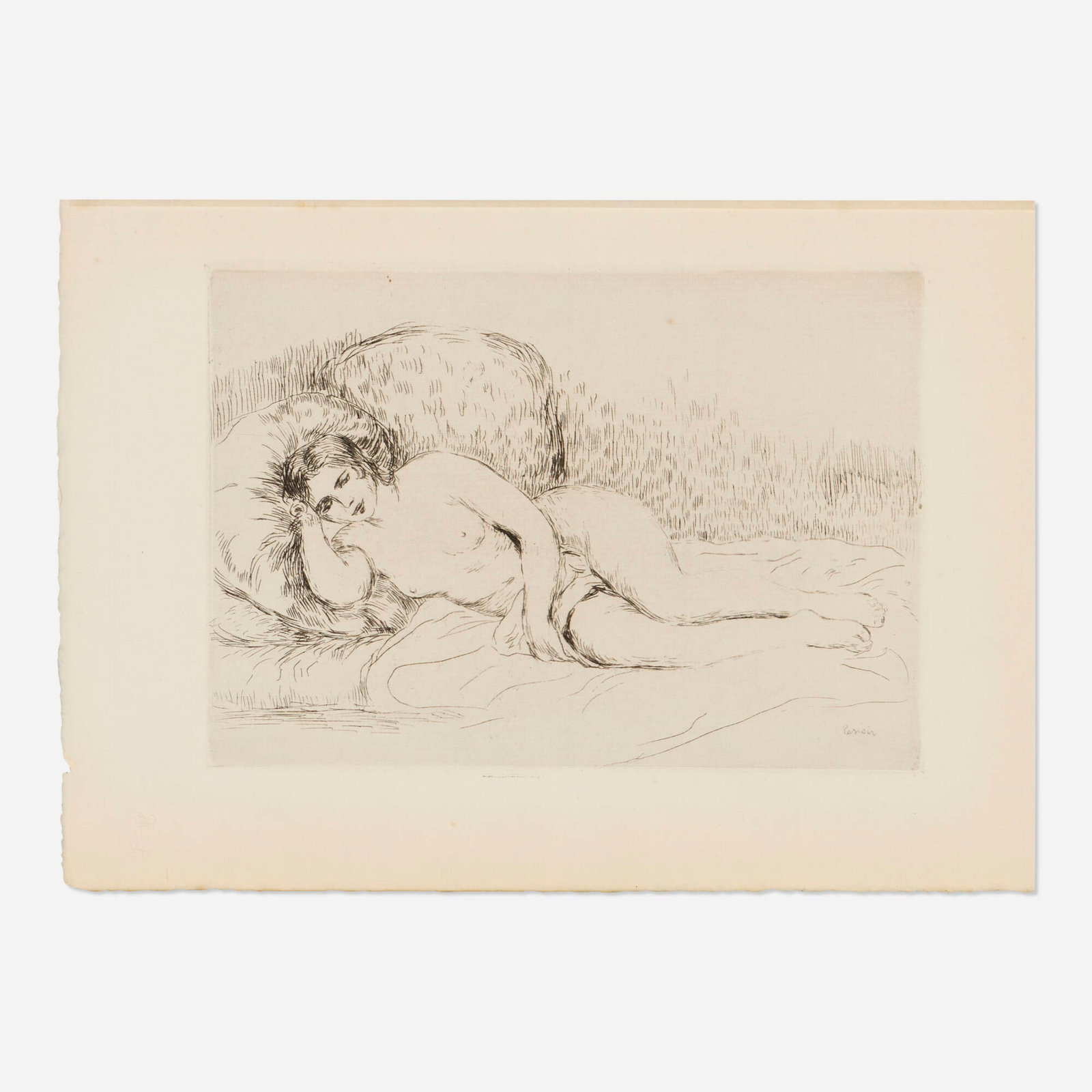 Pierre-Auguste Renoir, Femme nue couchee (from Histoire des peintres impressionnistes): Pierre-Auguste Renoir Femme nue couchee, tournee a gauche (from Theodore Duret's Histoire des peintres impressionnistes) c. 1906 etching image: 5.25 h x 7.625 w in (13 x 19 cm) sheet: 7.375 h x 10.
