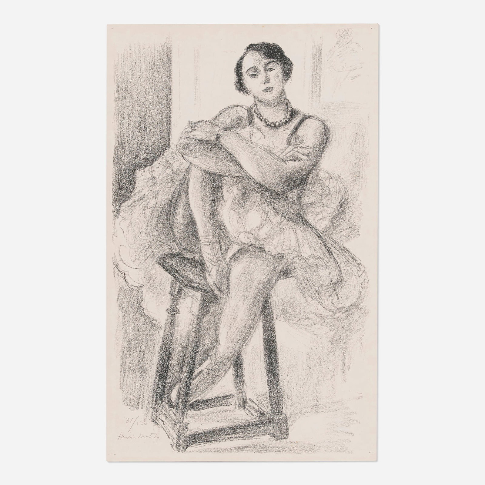 Henri Matisse, Danseuse au tabouret (from the Dix danseuses series): Henri Matisse Danseuse au tabouret (from the Dix danseuses series) 1927 lithograph on Arches image: 17.75 h x 10.875 w in (45 x 28 cm) sight: 18.375 h x 11.5 w in (47 x 29 cm) Signed and nu