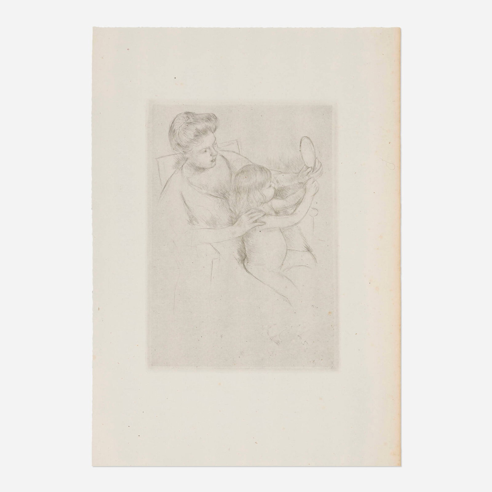 Mary Cassatt, Looking into the Hand Mirror (No. 2): Mary Cassatt Looking into the Hand Mirror (No. 2) c. 1905 drypoint image: 7.875 h x 5.5 w in (20 x 14 cm) sheet: 13.25 h x 9.375 w in (34 x 24 cm) Literature: Breeskin 202 <