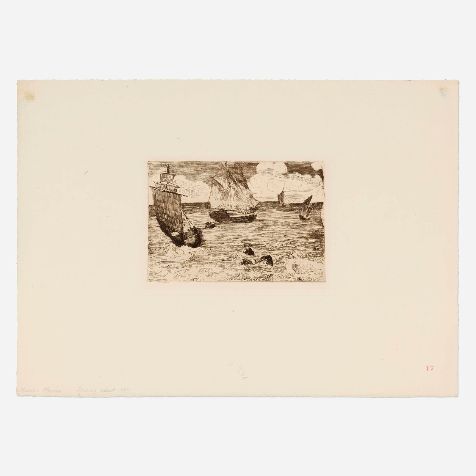Edouard Manet, Marine: Edouard Manet Marine 1865-66 etching image: 5.625 h x 7.75 w in (14 x 20 cm) sheet: 12.75 h x 17.75 w in (32 x 45 cm) Literature: Guerin 35 | Harris 40