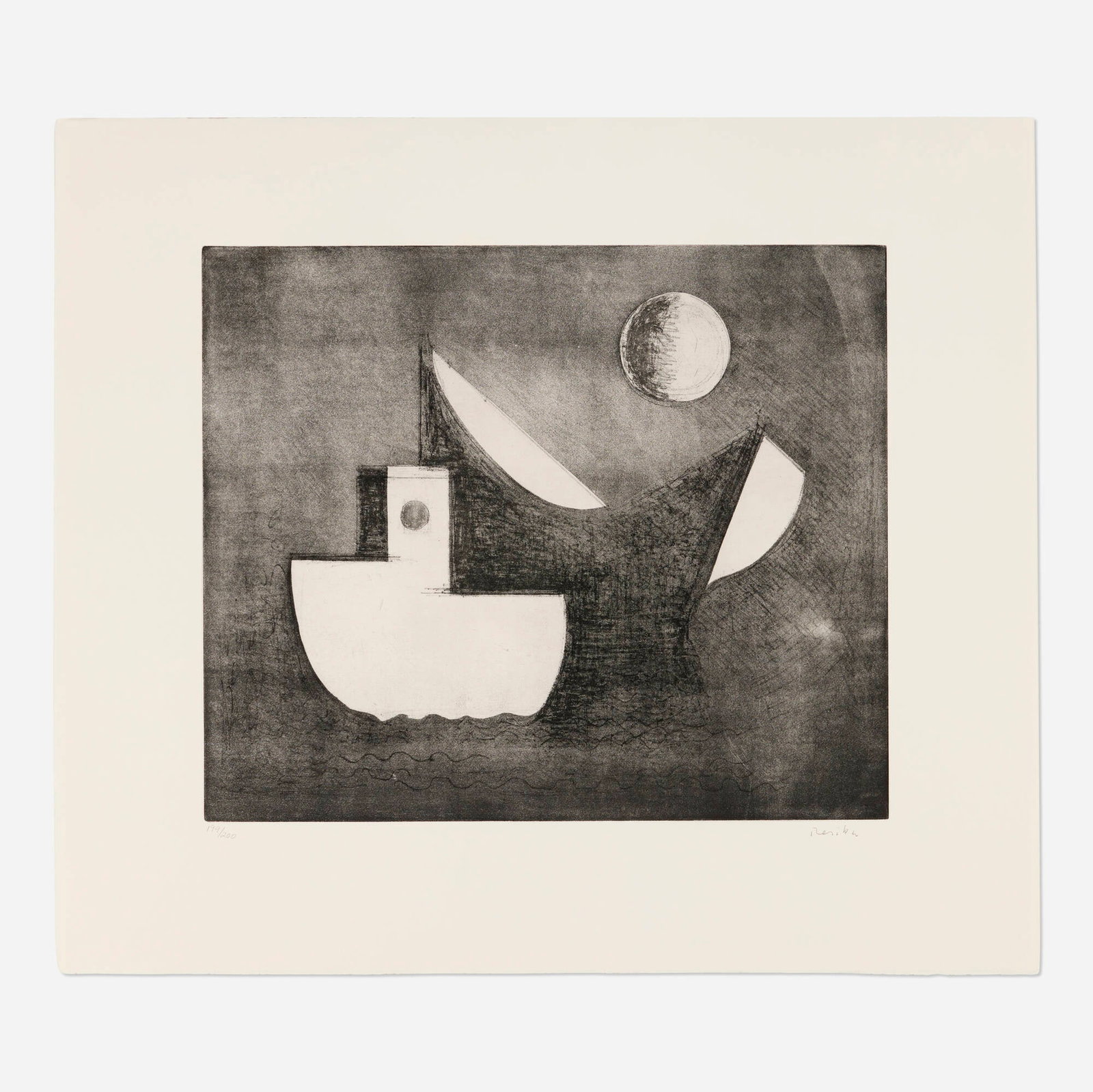 Paul Resika, Still Boats and Moon: Paul Resika Still Boats and Moon 2001 soft ground etching and aquatint on Arches Cover image: 19.75 h x 23.5 w in (50 x 60 cm) sheet: 29.5 h x 34 w in (75 x 86 cm) Signed and numbered to low