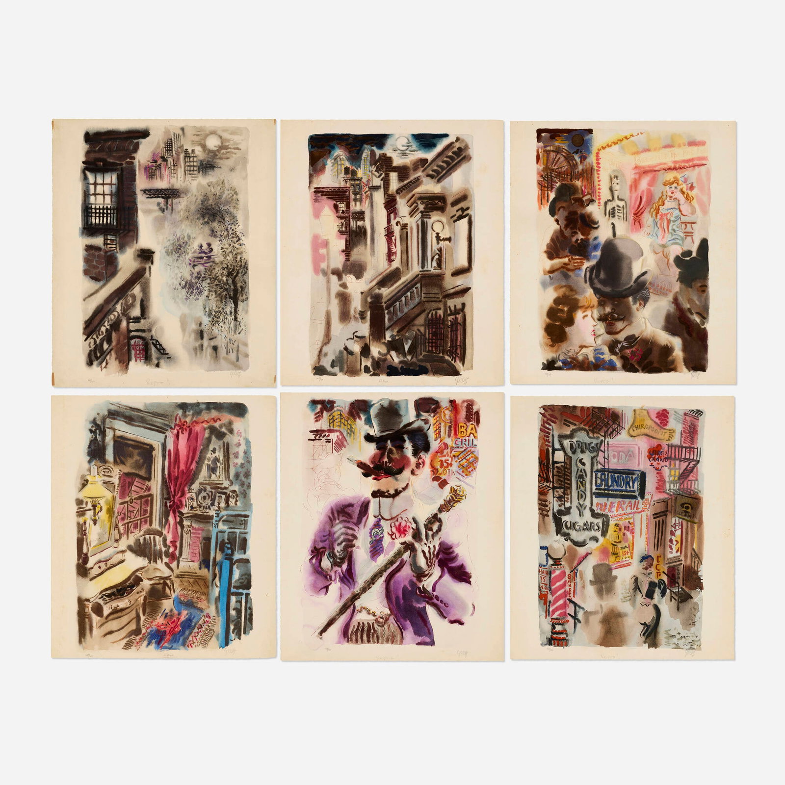 George Grosz, Bagdad-on-the-Subway: George Grosz Bagdad-on-the-Subway 1935 lithograph in colors on Arches sheet (largest): 18 h x 15 w in (46 x 38 cm) sheet (smallest): 17.75 h x 15 w in (45 x 38 cm) Signed, numbered, and insc