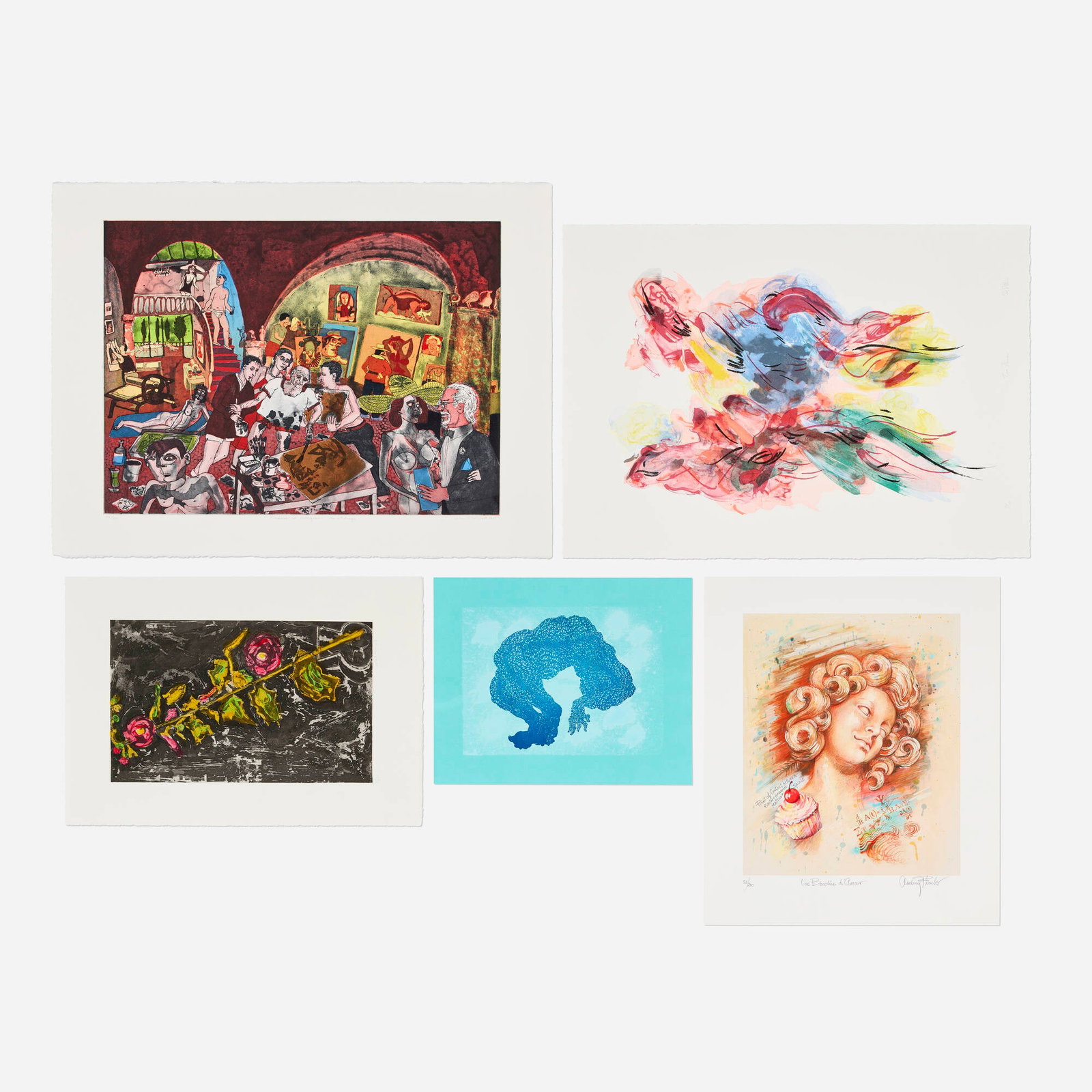 Various Artists, Five works: Various Artists Five works 2002, 2003, 2004, 2013, 2022 lithograph in colors; etching and aquatint in colors; etching and aquatint in colors with hand coloring; woodblock print in colors; digital pigm