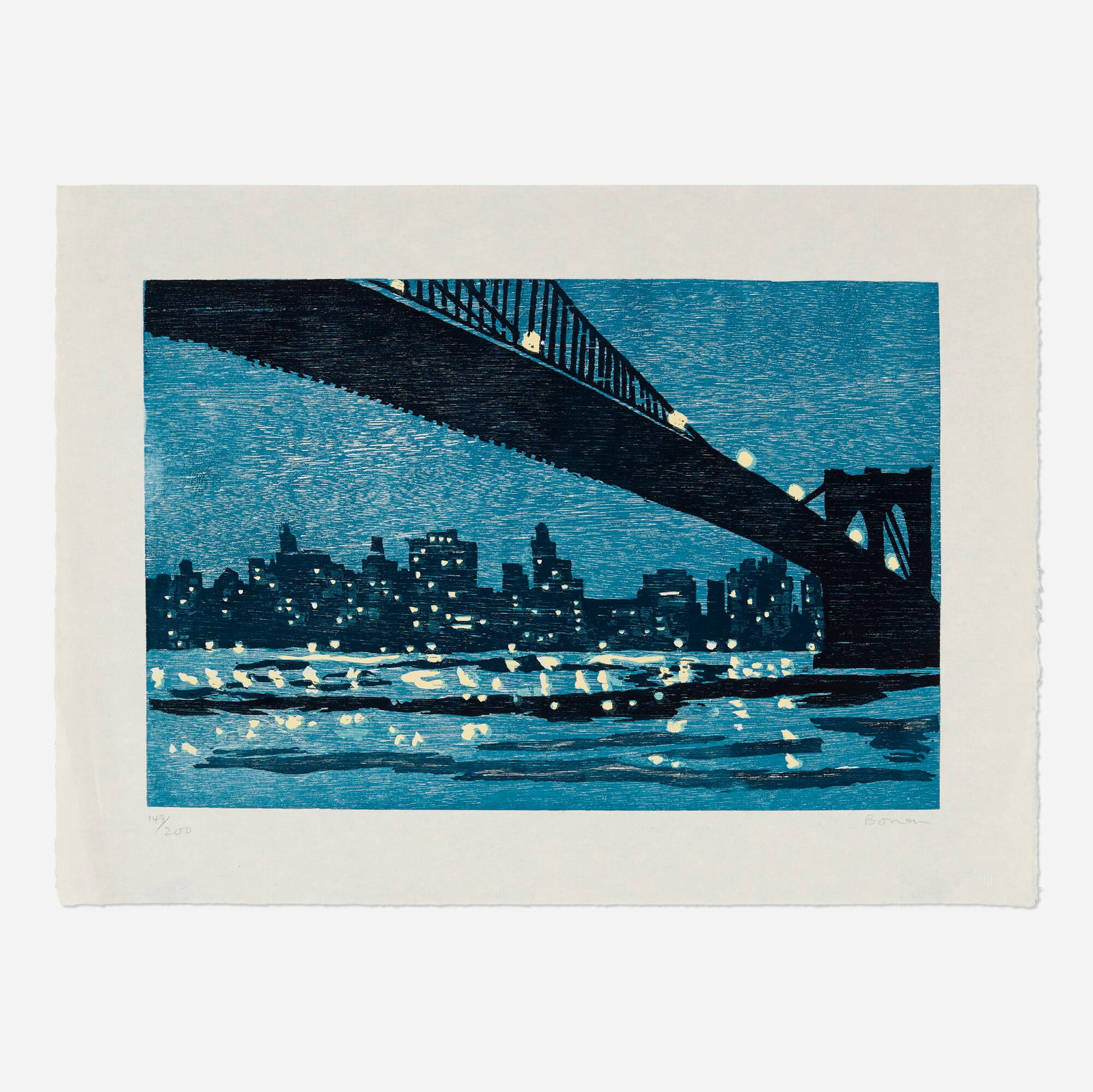 Richard Bosman, Brooklyn Bridge: Richard Bosman Brooklyn Bridge 1996 woodcut in colors image: 13.25 h x 19.75 w in (34 x 50 cm) sheet: 18 h x 24.5 w in (46 x 62 cm) Signed and numbered to lower edge '148/200 Bosman