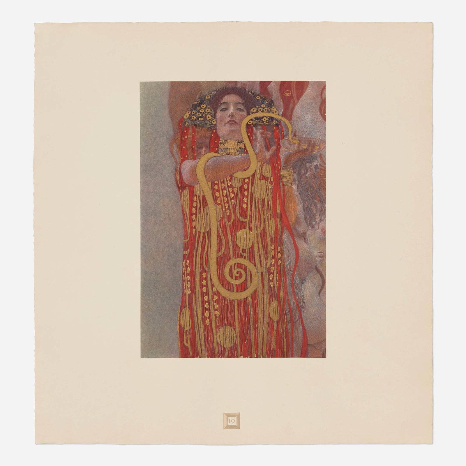 After Gustav Klimt, Hygieia (from the Eine Nachlese portfolio): After Gustav Klimt Hygieia (from the Eine Nachlese portfolio) 1931 collotype in colors on Chine-colle image: 13.375 h x 8.375 w in (34 x 21 cm) sheet: 19 h x 18 w in (48 x 46 cm) This work is from