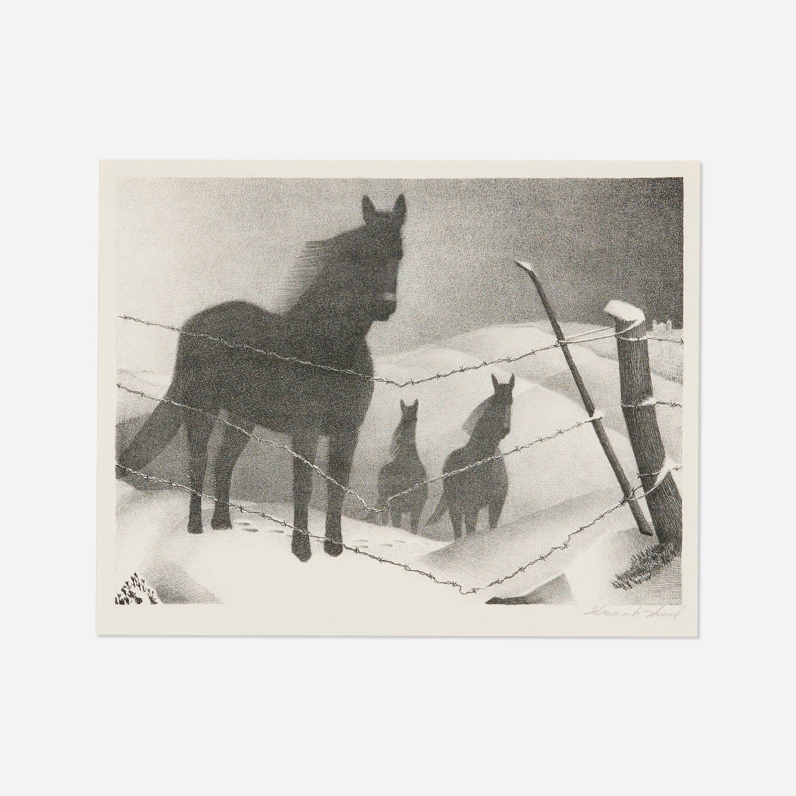Grant Wood, February: Grant Wood February 1941 lithograph image: 9 h x 12 w in (23 x 30 cm) sheet: 12 h x 16.125 w in (30 x 41 cm) Signed to lower right edge 'Grant Wood'. This work is from the edition