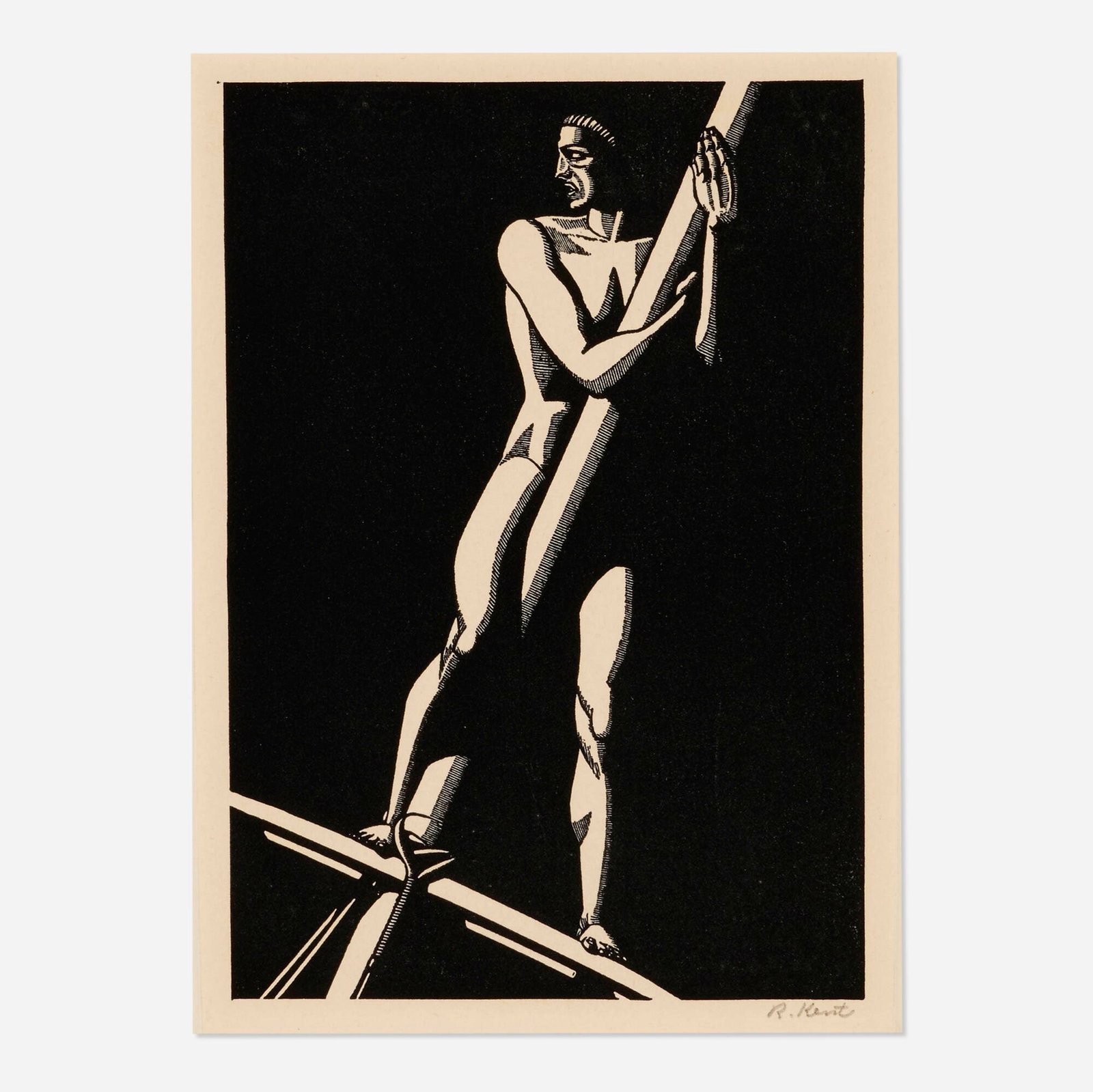 Rockwell Kent, The Lookout: Rockwell Kent The Lookout 1930 woodcut image: 5.875 h x 4 w in (15 x 10 cm) sheet: 7.25 h x 6 w in (18 x 15 cm) Signed to lower right 'R. Kent'. This work is from the edition of 120 printed