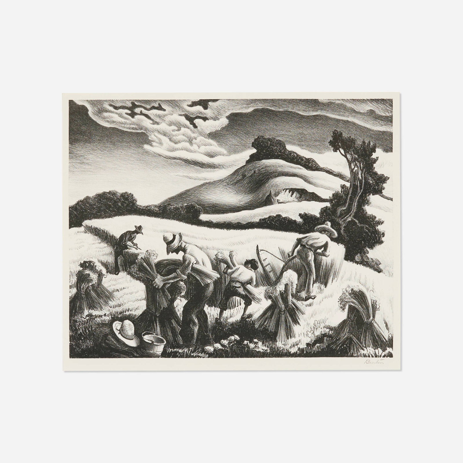Thomas Hart Benton, Cradling Wheat: Thomas Hart Benton Cradling Wheat 1939 lithograph image: 9.625 h x 12 w in (24 x 30 cm) sheet: 11.75 h x 16.125 w in (30 x 41 cm) Signed to lower left edge 'Benton'. This work is from the