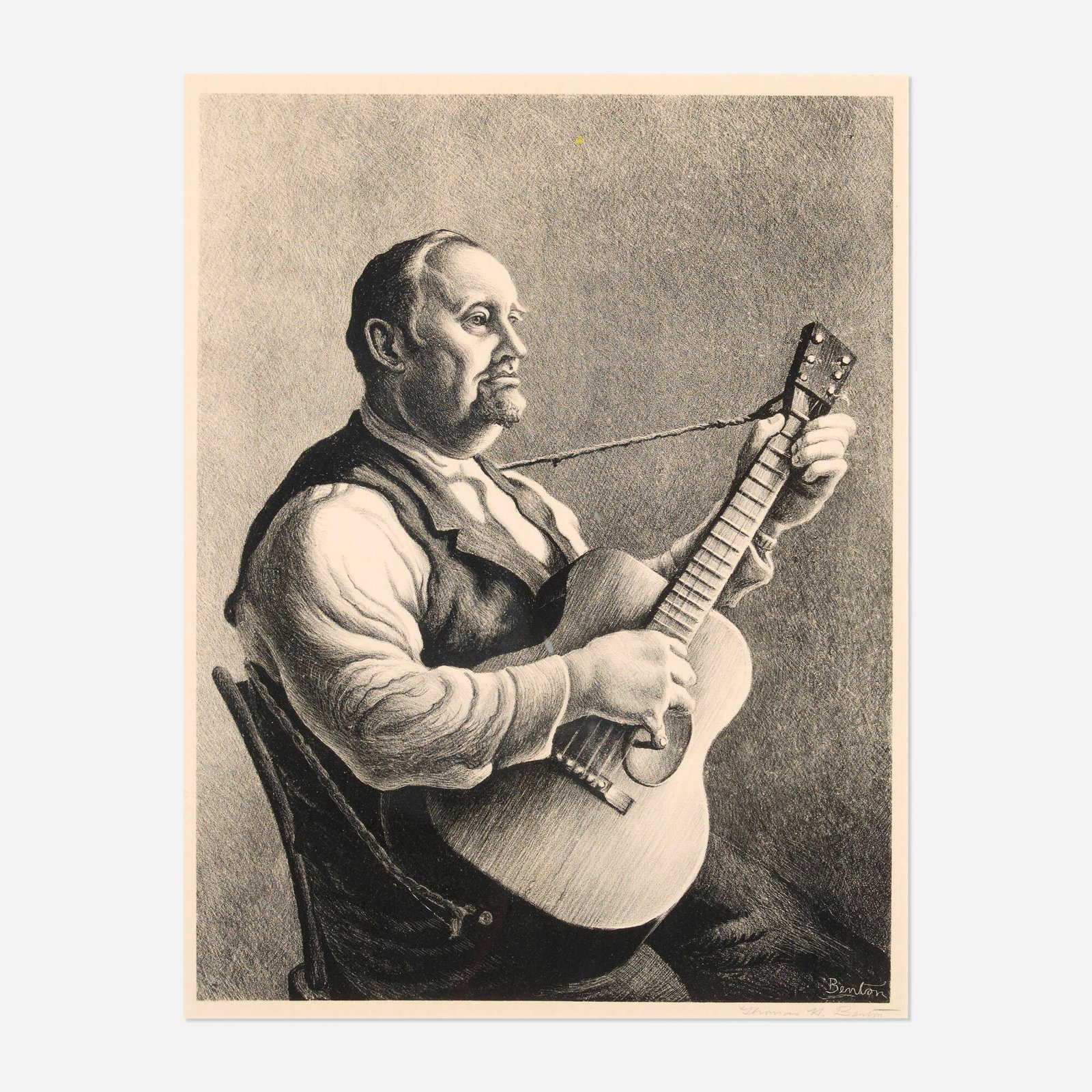 Thomas Hart Benton, The Hymn Singer (Burl Ives): Thomas Hart Benton The Hymn Singer (Burl Ives) 1950 etching image: 16 h x 12.25 w in (41 x 31 cm) sheet: 19.625 h x 16 w in (50 x 41 cm) Signed to lower right 'Thomas H. Benton' with
