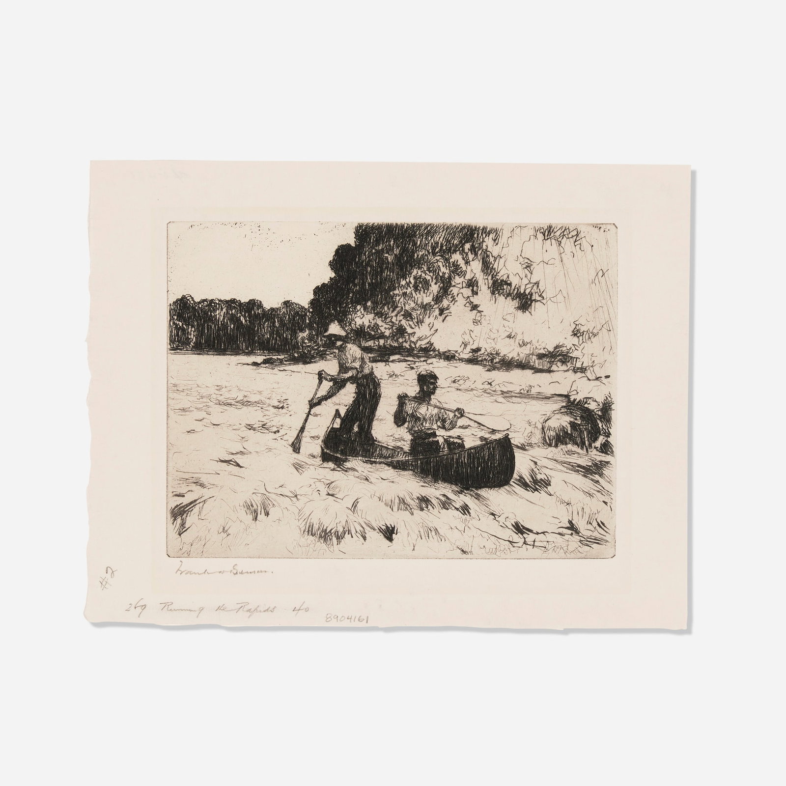 Frank Weston Benson, Running the Rapids: Frank Weston Benson Running the Rapids 1927 etching image: 5.875 h x 7.875 w in (15 x 20 cm) sheet: 8.125 h x 10.5 w in (21 x 27 cm) Signed to lower edge 'Frank W. Benson'. This wo