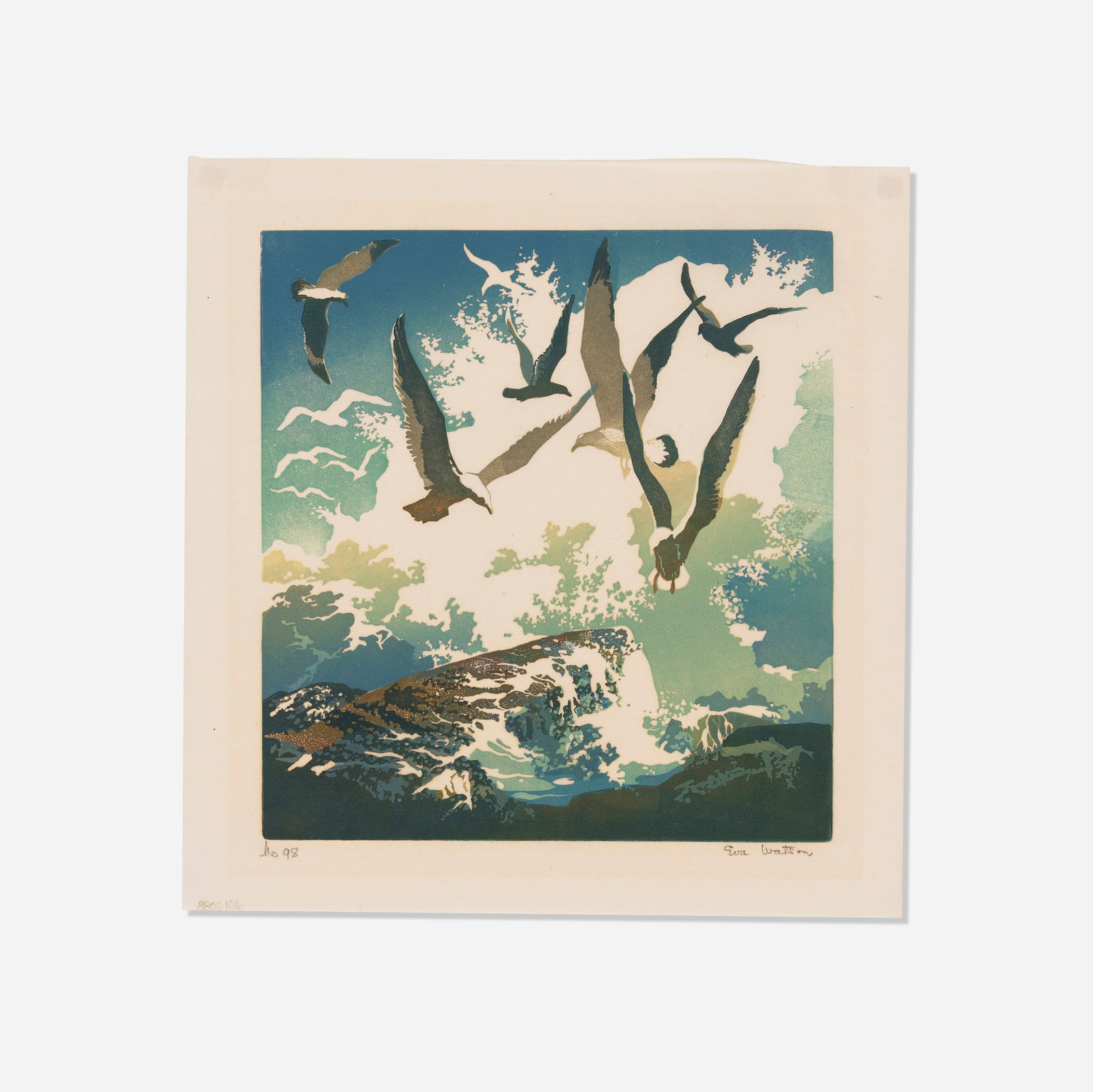 Eva Auld Watson, Gulls and Spray: Eva Auld Watson Gulls and Spray 1942 linocut in colors image: 9 h x 8.375 w in (23 x 21 cm) sheet: 11.125 h x 10.625 w in (28 x 27 cm) Signed and numbered to lower margin 'No 98 Eva