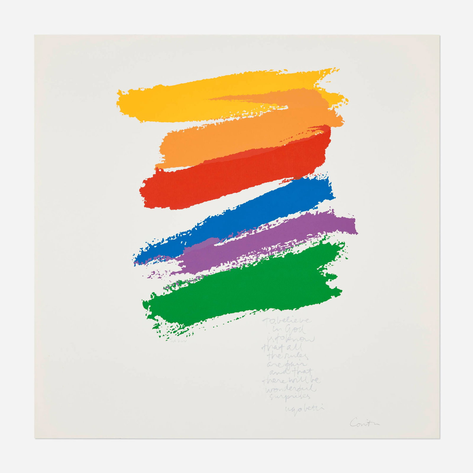 Corita Kent (Sister Mary Corita), promise: Corita Kent (Sister Mary Corita) promise 1978 screenprint in colors 23 h x 23 w in (58 x 58 cm) Signed and numbered to center and lower right 'Ed 200 Corita'. This work is from the edition of 200 and