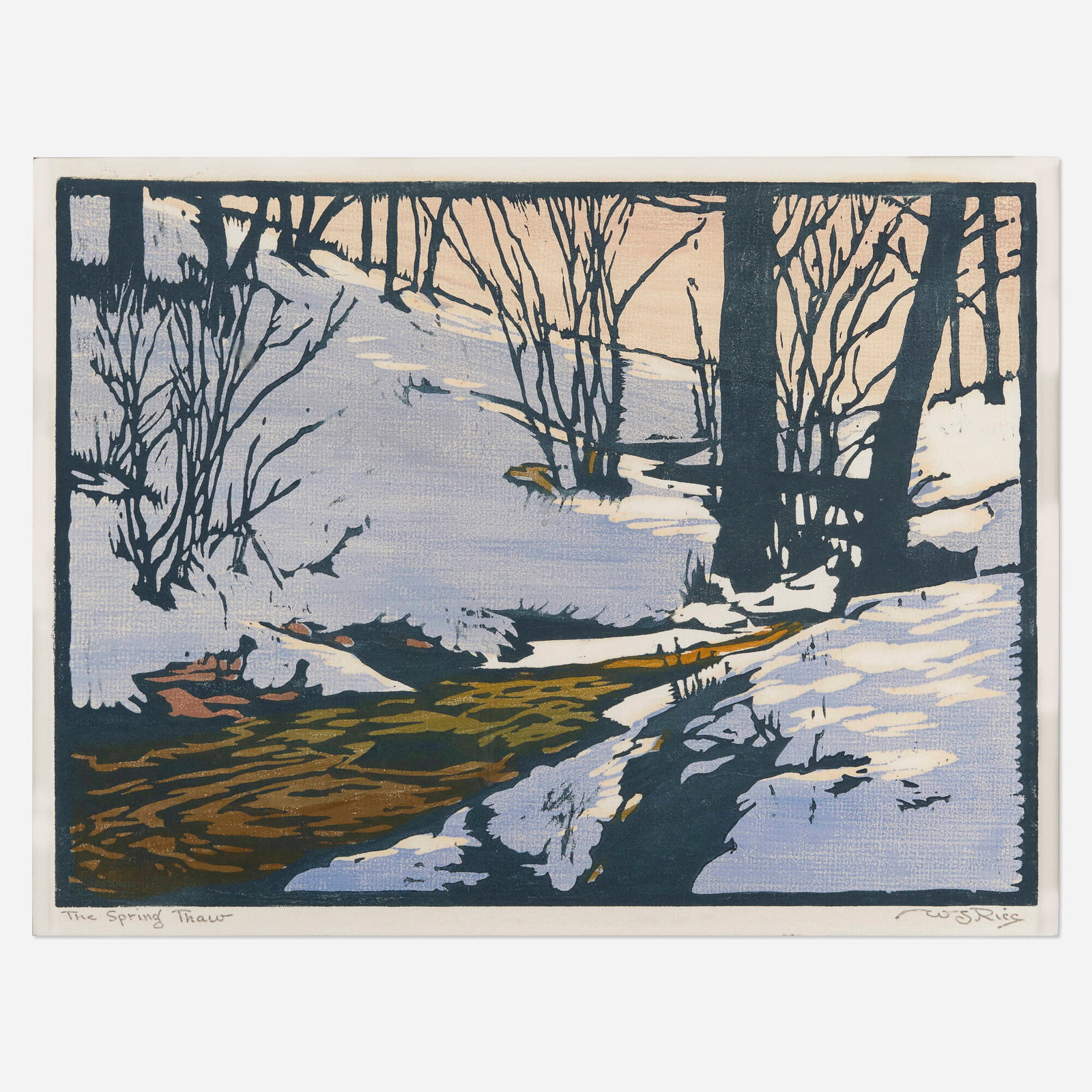 William S. Rice, The Spring Thaw: William S. Rice The Spring Thaw c.1920 woodcut in colors image: 8.75 h x 12 w in (22 x 30 cm) sight: 9.5 h x 12.25 w in (24 x 31 cm) Signed and titled to lower edge 'The Spring Thaw WS