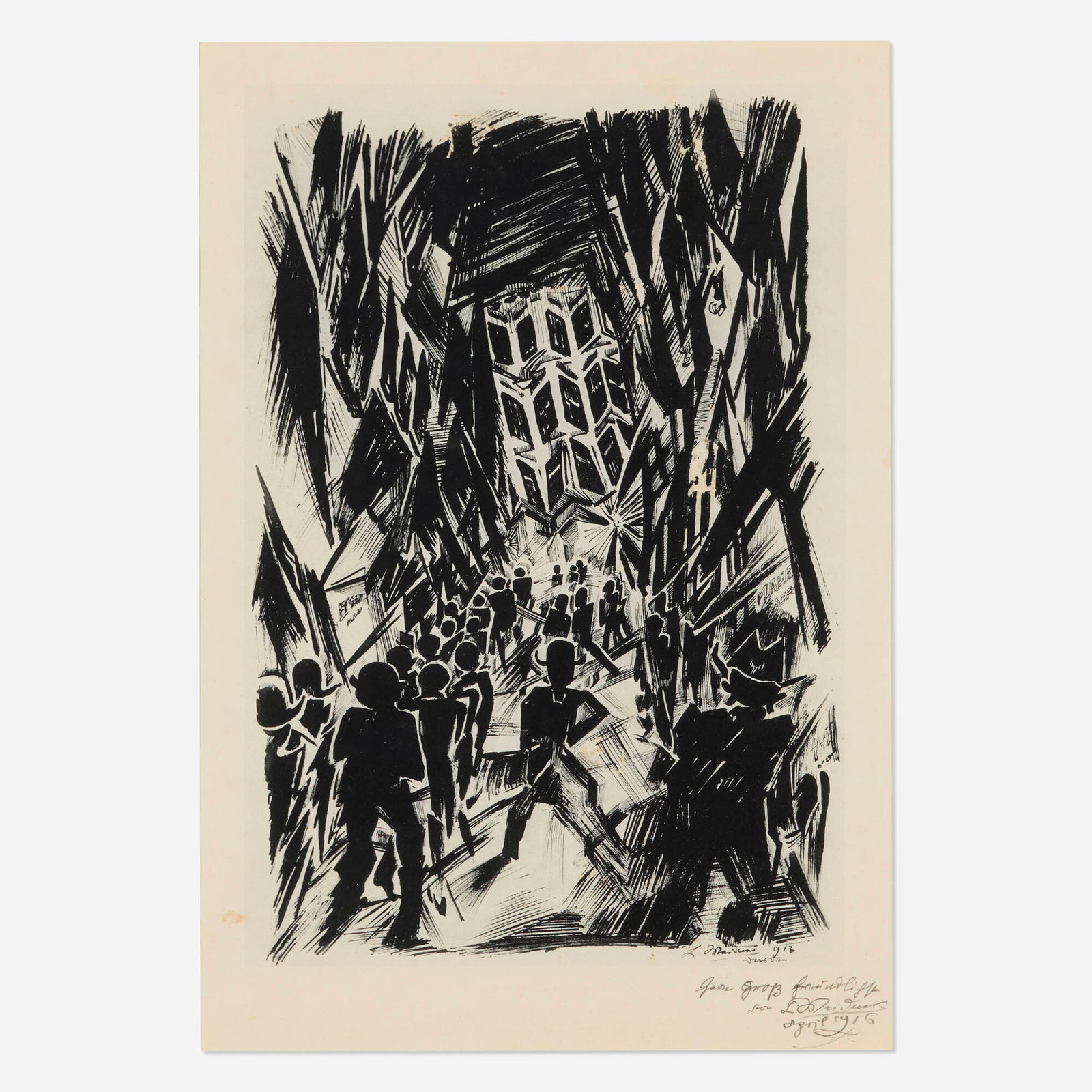 Ludwig Meidner, Strassen und cafes: Webergasse in Dresden: Ludwig Meidner Strassen und cafes: Webergasse in Dresden 1913 collotype image: 12.25 h x 8.375 w in (31 x 21 cm) sight: 14.25 h x 9.625 w in (36 x 24 cm) Signed, dated, and inscribed to George Grosz
